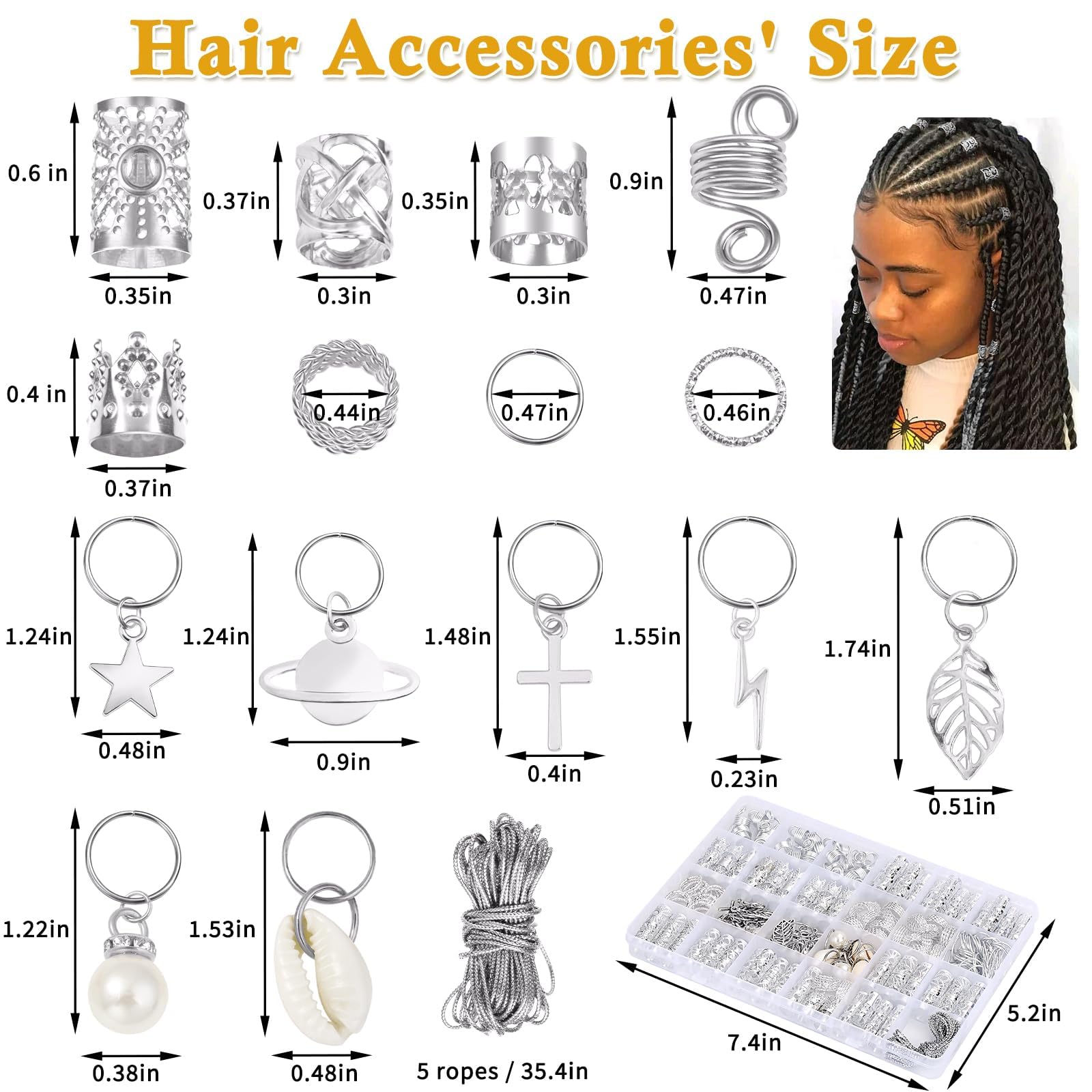 Lucomb Lot de 259 bijoux et accessoires de cheveux – Bijoux en argent, manchettes, clips, breloques, bagues pour tresses, dreadlocks et décoration de cheveux pour femme