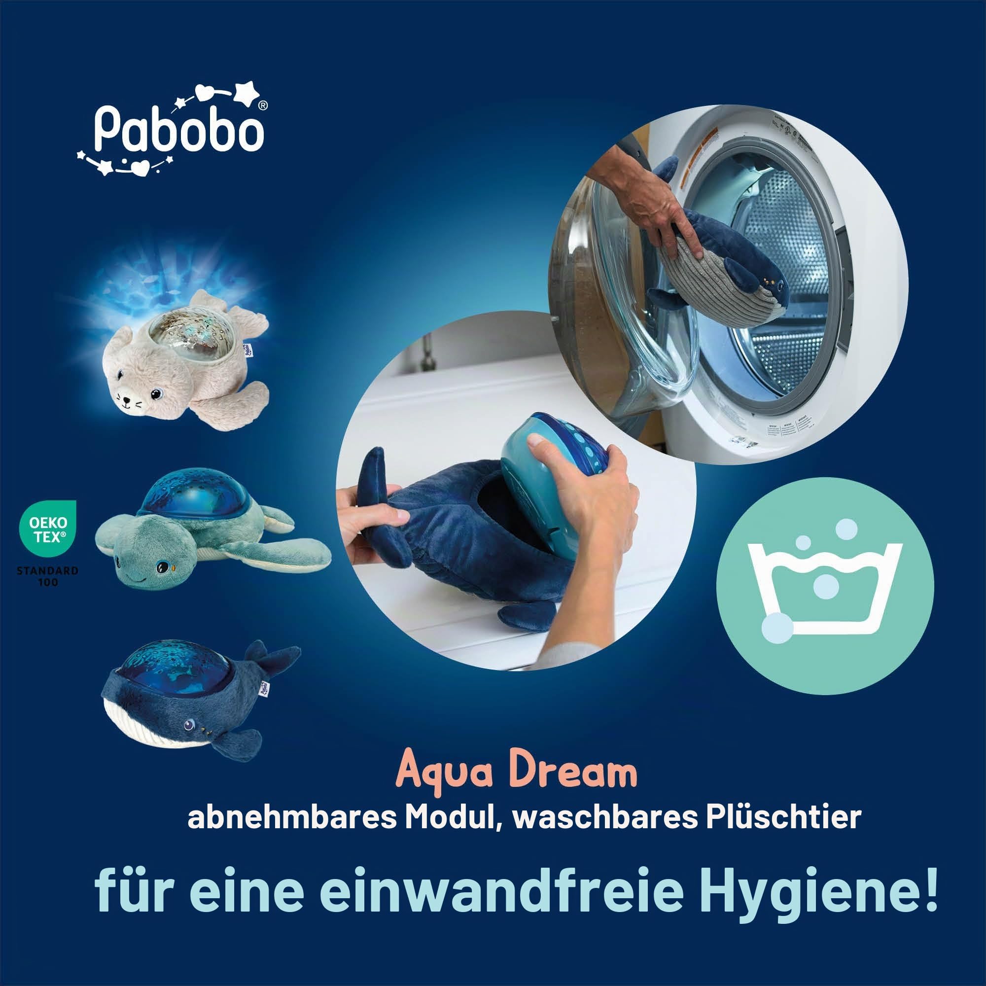 Pabobo - Nachtlicht Aqua Dream Baby Schildkröte mit Animeprojektionen & beruhigenden Geräuschen – Wiegenlied, weiße Geräusche & Meeresmelodien – Reaktivierung beim Weinen – wiederaufladbar mit USB-C