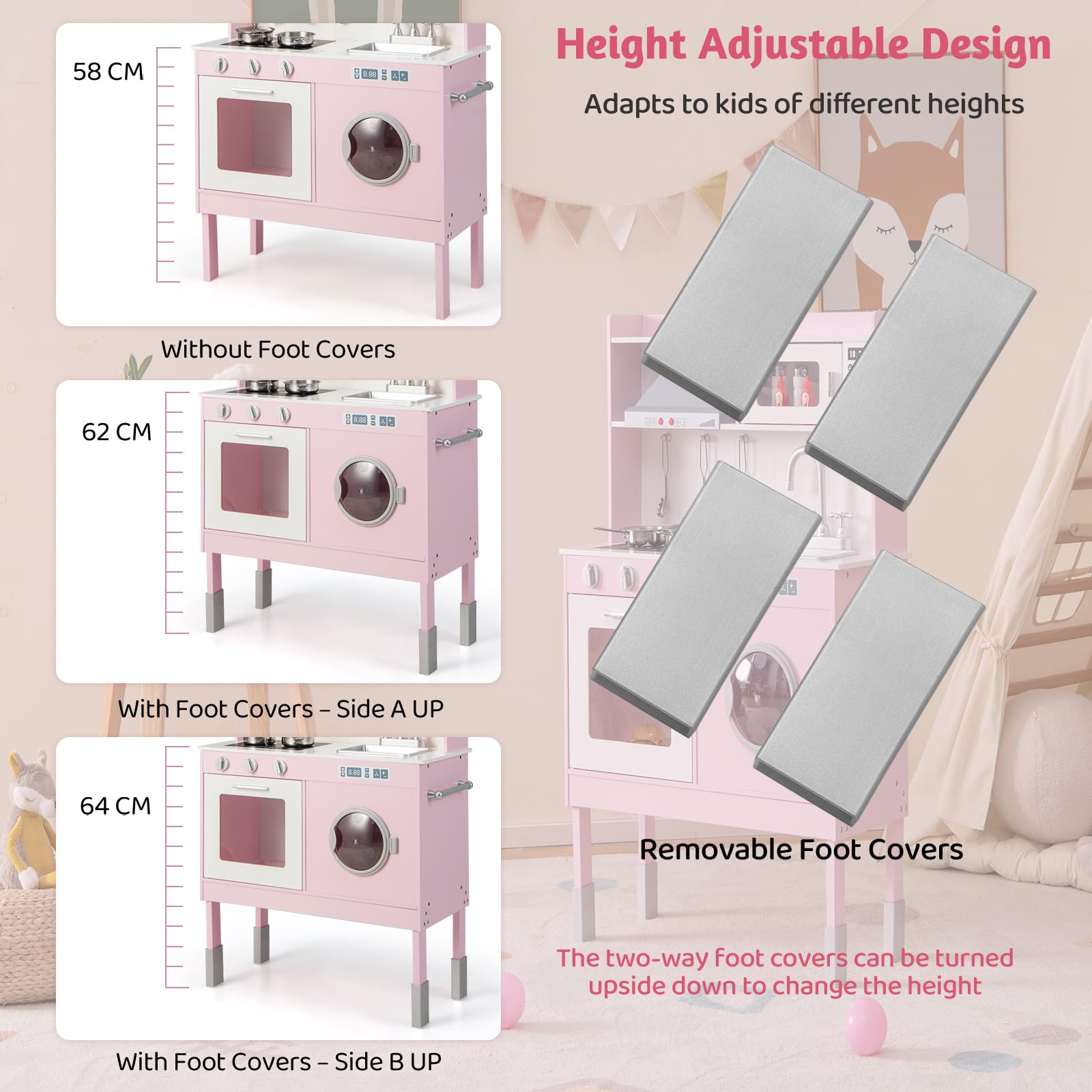 HOMASIS Cucina Giocattolo con Altezza Regolabile, Cucinetta per Bambini con Cappa Aspirante e Forno a Microonde, Cucin con Suoni e Luci in Legno per Bambini dai 3+ Anni (Modello 1, Rosa)