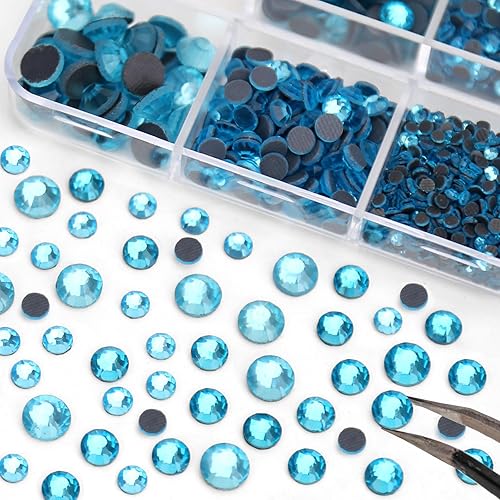 Miniatura 3 de Tamaño mixto SS6-SS30 Aguamarina Hotfix Rhinestone Set, Flatback Hot Fix Cristales termoadhesivos Piedras de diamante de cristal con herramientas