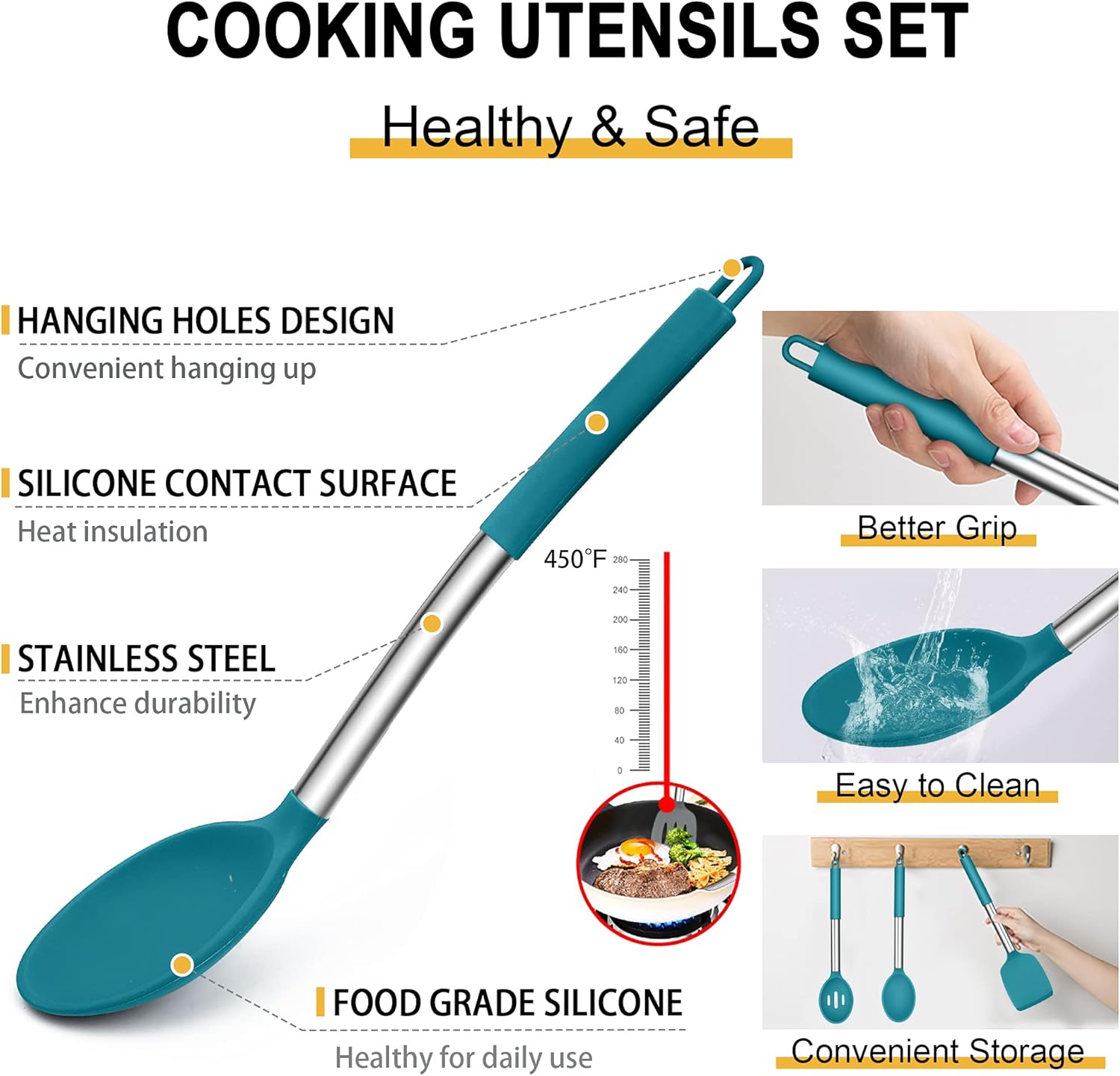 Silicone Cooking Utensils Set, E-far 14-Piece Blue Kitchen Utensils Set with Holder, Kitchen Tools Spatulas with Stainless Steel Handle for Non-stick Cookware, Heat Resistant & Dishwasher safe