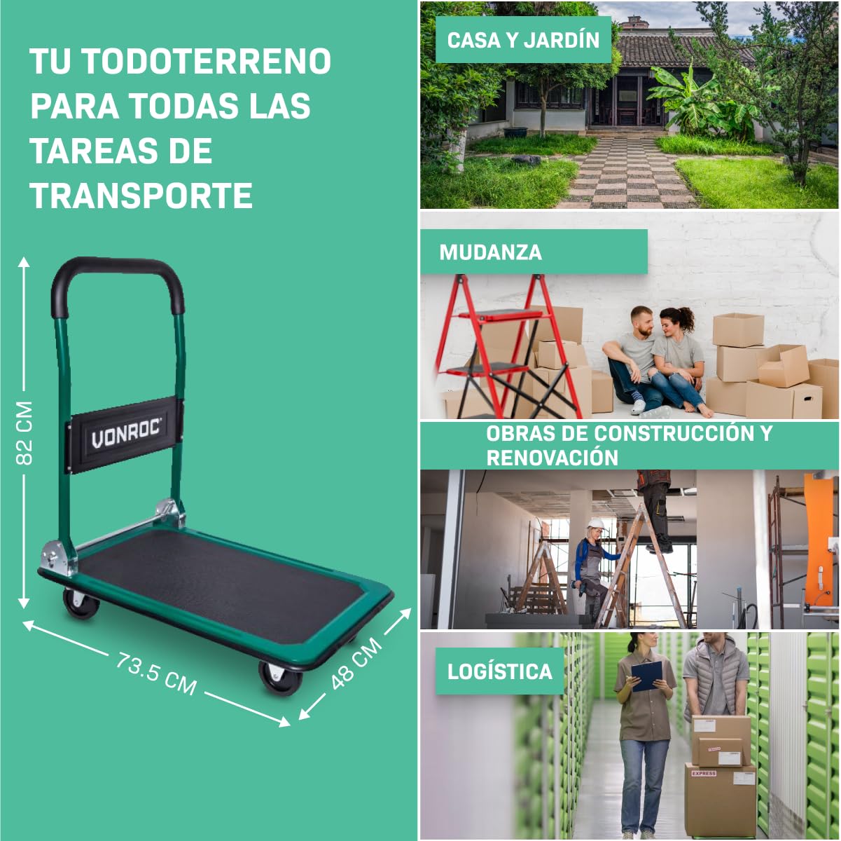 VONROC Carretilla Plegable 150 kg Plataforma Antideslizante 47x73 cm Ruedas 360°