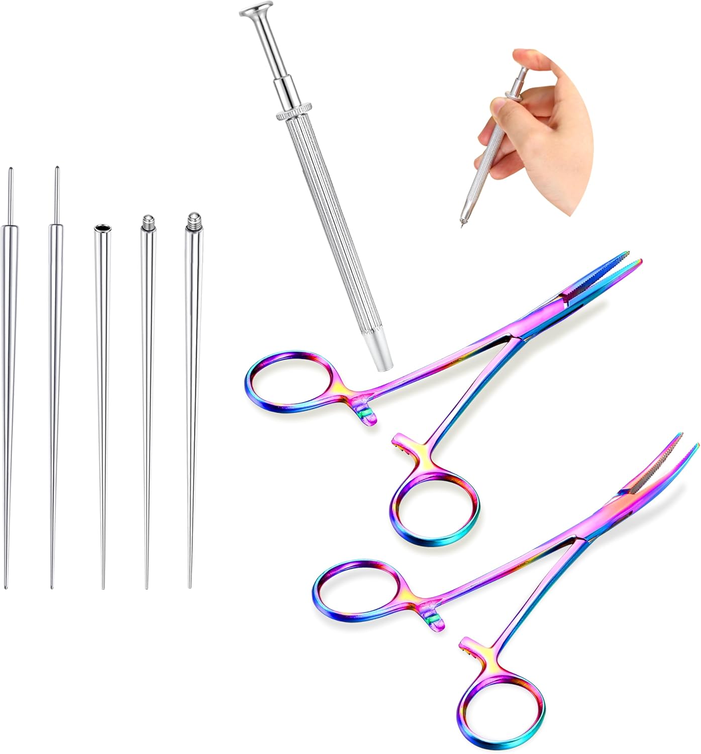 GEMQUEEN Piercing Taper Pliers Ball Grabber Tool for Changing Jewelry - Curved and Straight Forceps Stainless Steel 14G 16G 18G Flat Back Earrings Insertion Tool Body Piercing Kit for Ear Nose Lip