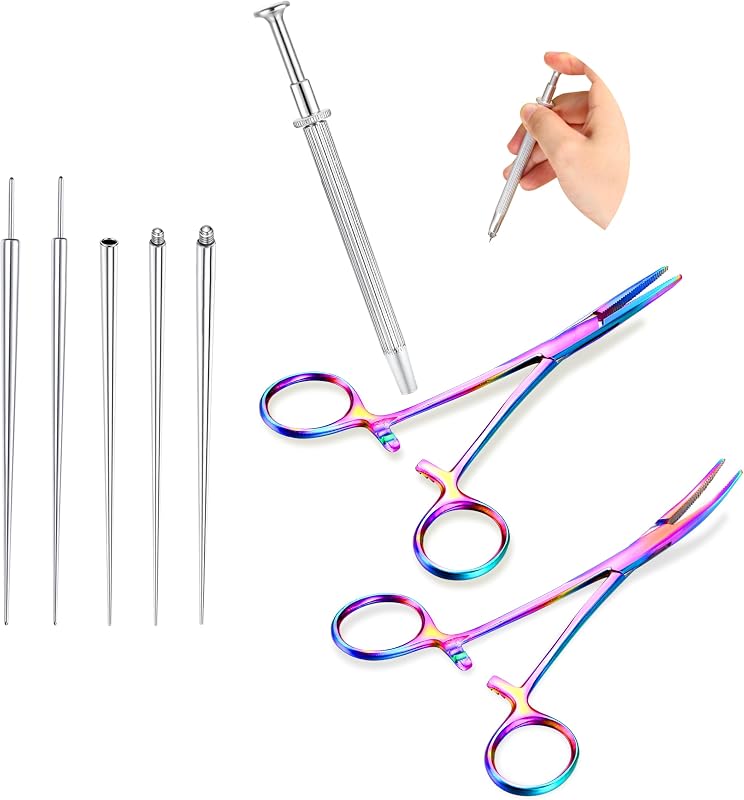 Kit de ferramentas para piercing GEMQUEEN com pinças, pinos de inserção, taper e alicate pega-bola, 8 peças