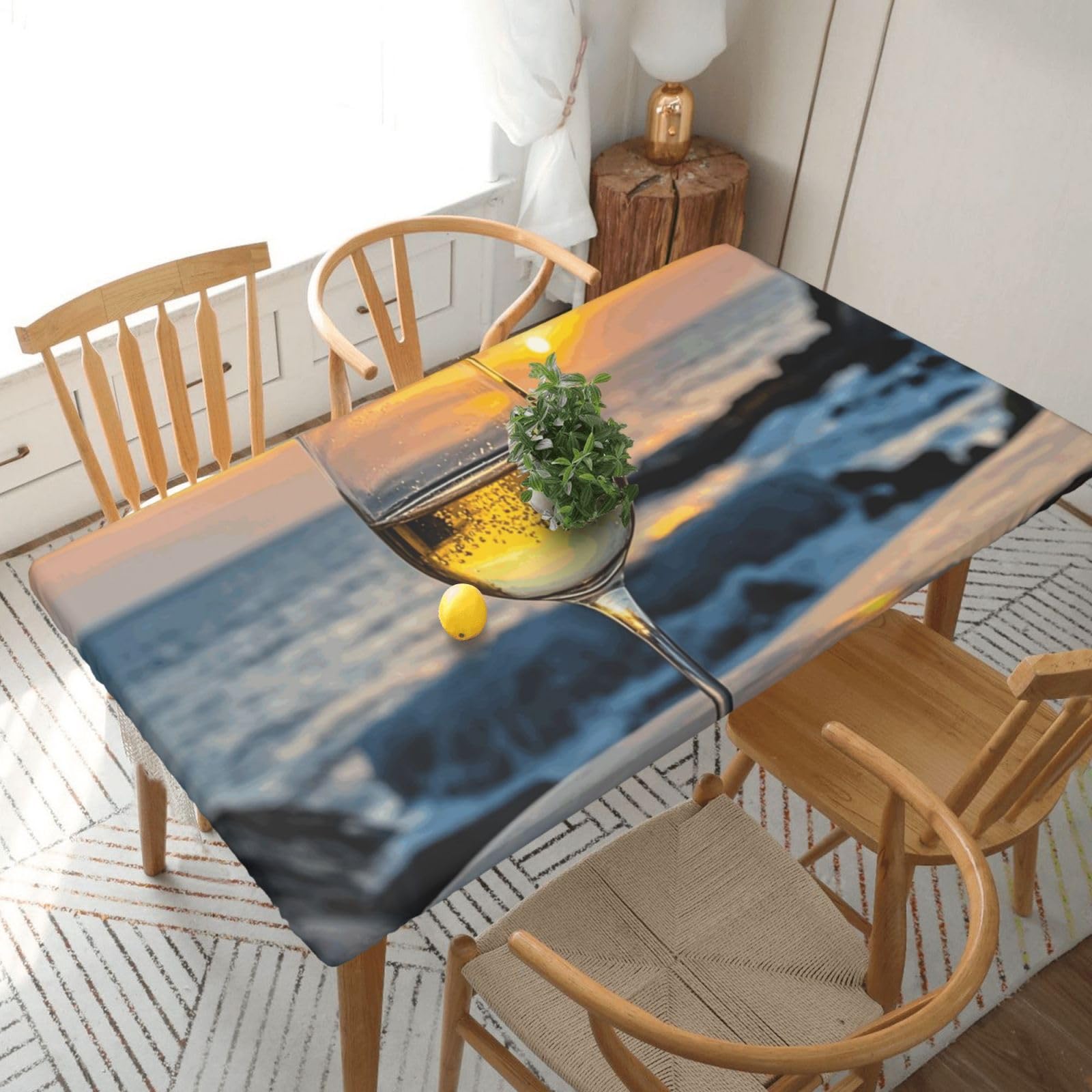 Fodpand Black Sunset Wine Glass Spandex Fitted Tablecloth For 5 Foot Rectangle Tables,Waterproof Picnic Table Cover Stretch Table Cloth Washable Table Protector For Picnic, Camping, Outdoor