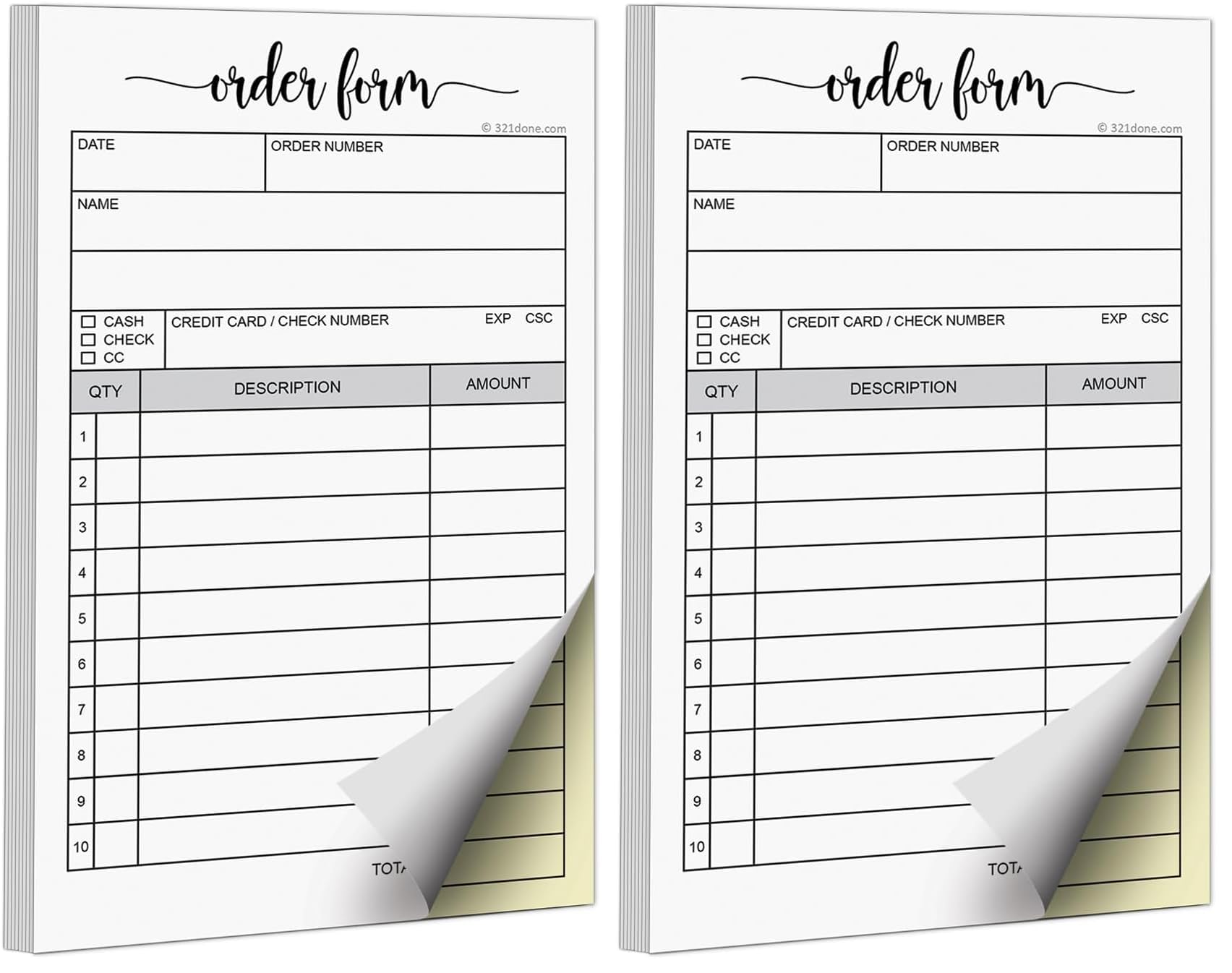 321Done Order Form Pad, 3.4x5.5 Handheld 2-Part Carbonless, Made in USA, Carbon Duplicate Copy Sales Receipt Form, Invoice Booklet, Cute for Small Boutique Business (50 Sets) White/Yellow (Pack of 2)