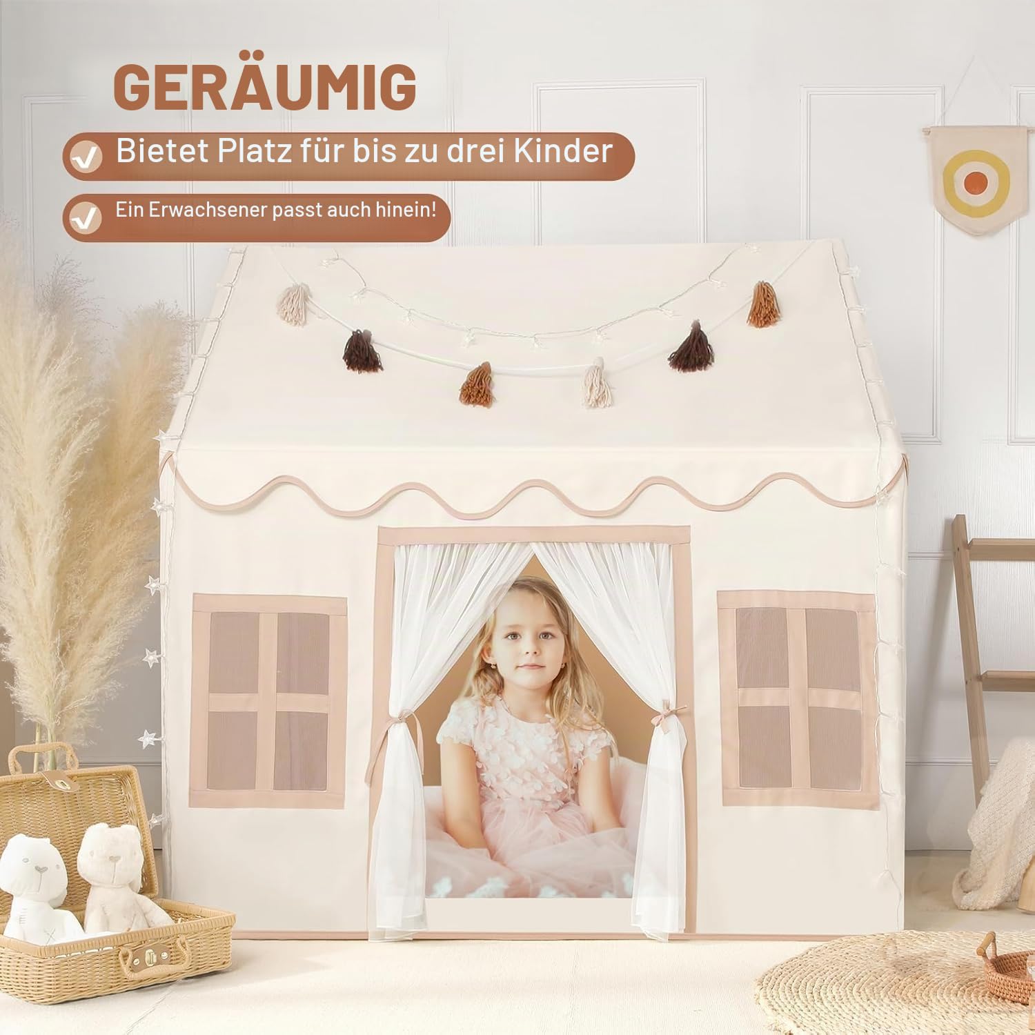 Wilwolfer Kinder Spielzelt mit Matte für Kleinkinder: Prinzessinnen Spielhaus mit Quastengirlande für Mädchen & Jungen - Großes Zelt für Indoor & Outdoor