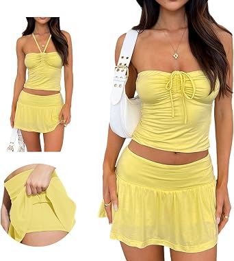 Hafailia Summer Two Piece Outfits for Women Y2K Going Out Tie Ruched Tube Crop Tops Low Rise Pleated Mini Skort Skirt Sets