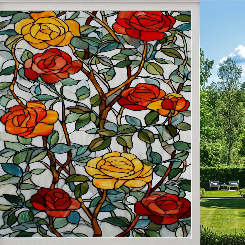 Rural Rose Privacy Window Film, Natural Flower Plants Frosted Self-Adhesive Vinyl Cling for Glass Doors Bathroom Windows Sun Blocking Heat Control, （80x140cm）