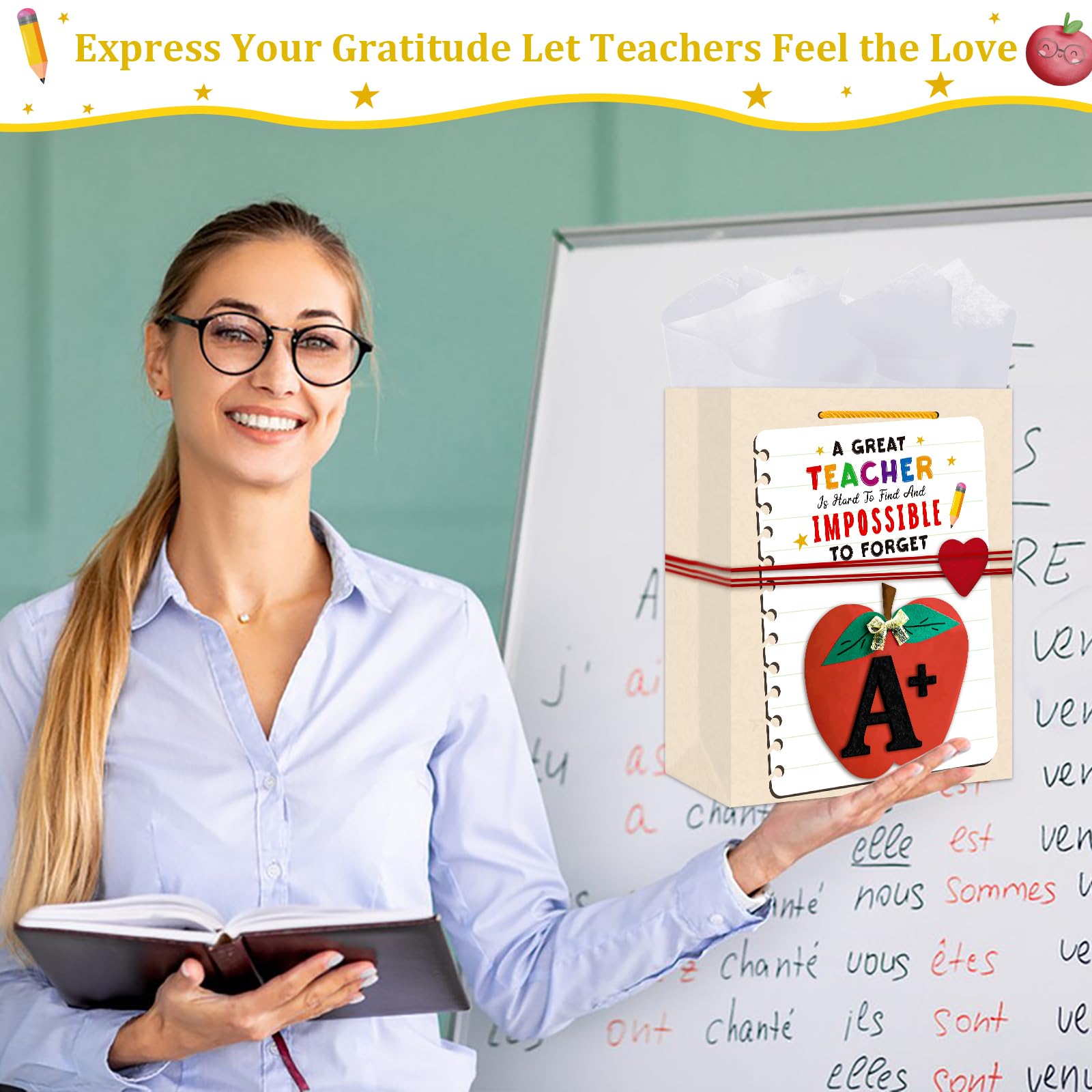 BIZIBAFF Teacher Gift Bag - 13" Large Teacher Appreciation Gift Bag with Tissue Paper and Handle Thank You Teachers Retirement Gifts Bag Graduation End of Year Gift for Teachers Appreciation