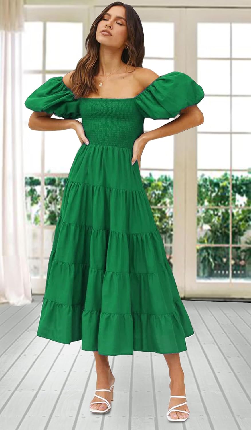 Women's Boho Summer Puffy Short Sleeve Midi Dress with Square Neck Flowy Ruffle Hem Casual Beach Long Dress - Image 4