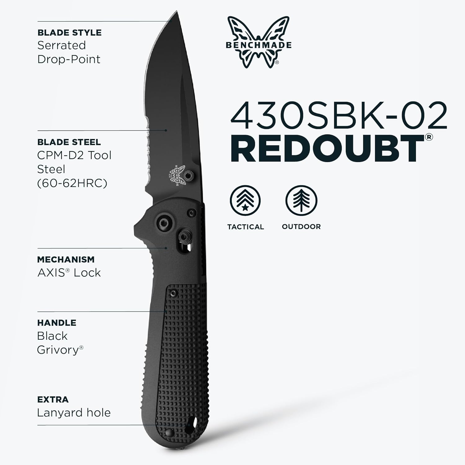 Benchmade - Redoubt Tactical, Every Day Knife, Serrated Edge, Drop-Point Blade with Black Grivory Handle (430SBK-02)