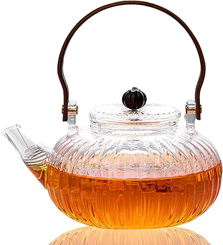 Tetera de vidrio, tetera transparente segura para estufas con infusor, 34 onzas (33.8 fl oz), para té de flores florecientes y té de hojas sueltas