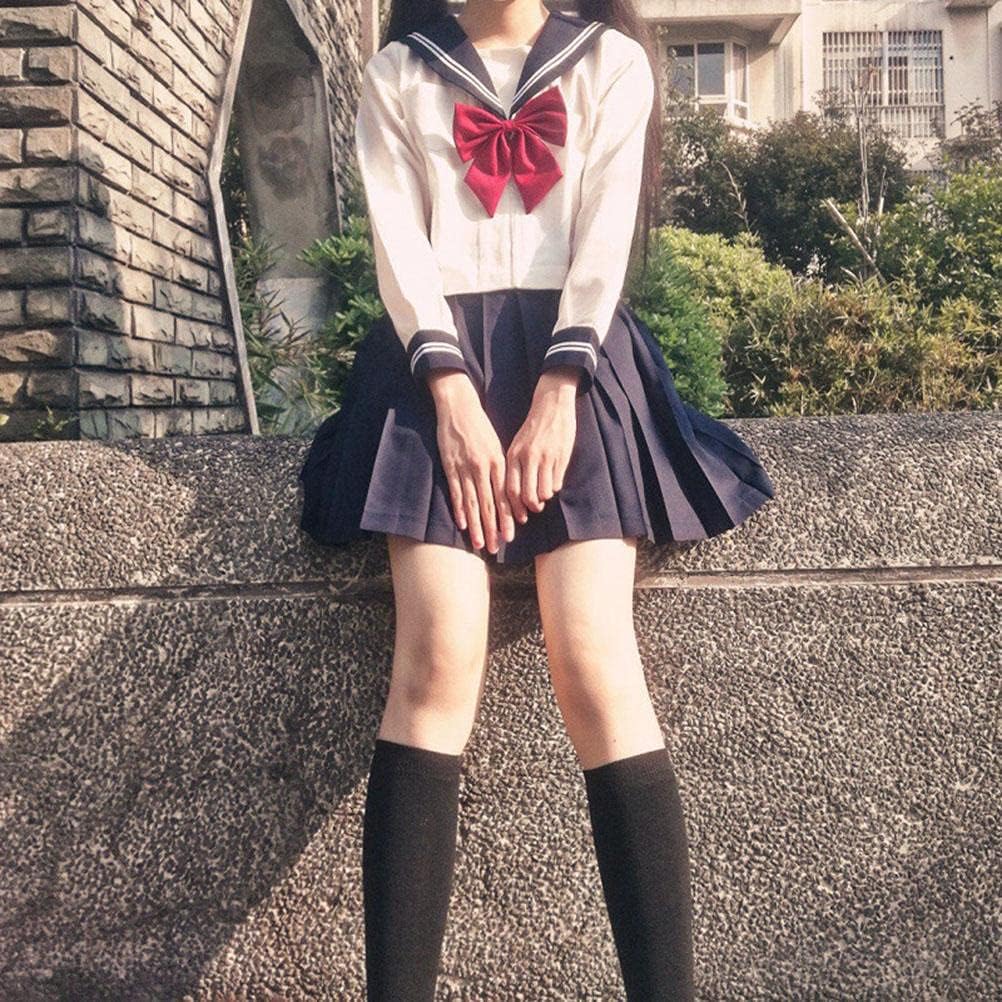 White Schoolgirl Uniform Japanese Long Sleeve Sailor Suit Sailor School Uniforms, Casual Style Normal Wear for Daily, Cute Style for Young Girls, with Pleated Skirt (#4)