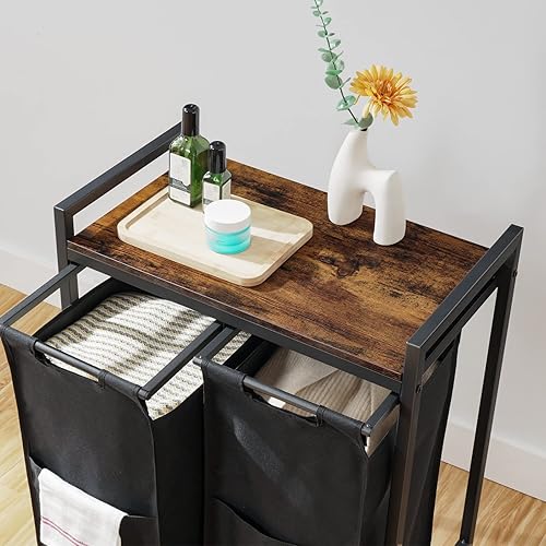 Miniatura 8 de Cesta de lavandería, clasificador de ropa sucia de 2 secciones, cesta de lavandería con ruedas, carrito rodante, bolsas de tela Oxford extraíbles y