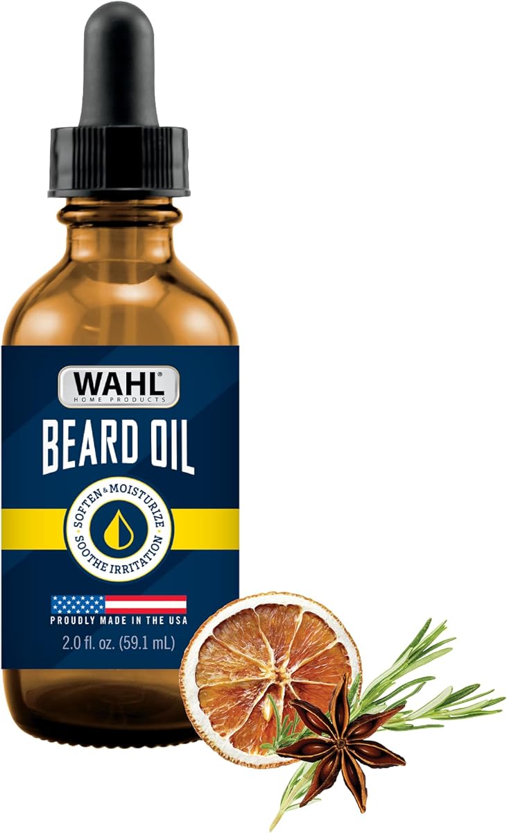 Wahl Beard Oil for Men – Softens & Moisturizes Beard, Citrus Scent, 2oz | Daily-Use, Softens Facial Hair, Soothes Itch & Skin Irritation, Contains Almond Oat Kernel & Cinnamon Oils - Model 3028692