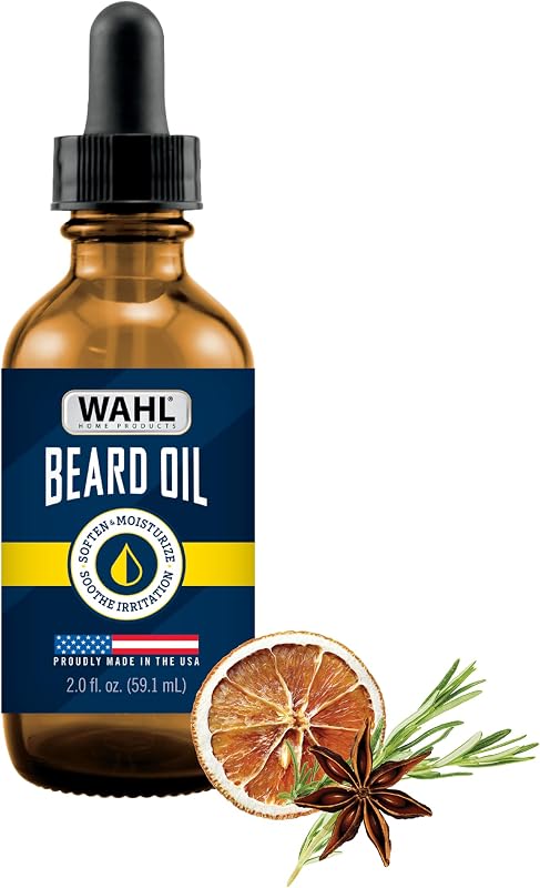 Aceite para barba Wahl para hombres – Suaviza e hidrata la barba, aroma cítrico, 2 oz | De uso diario, suaviza el vello facial, alivia la picazón y la irritación de la piel, contiene aceites de almendra, avena y canela - Modelo 3028692