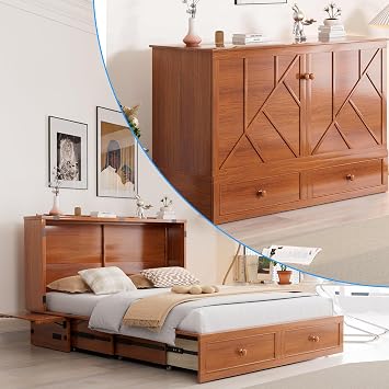 PUREMIND Queen Murphy Bed with Mattress Included - Hideaway Cabinet Bed with 2 Storage Drawers, USB Charging Ports & Headboard - Space-Saving Chest Beds for Bedroom, Guest Room, Cherry