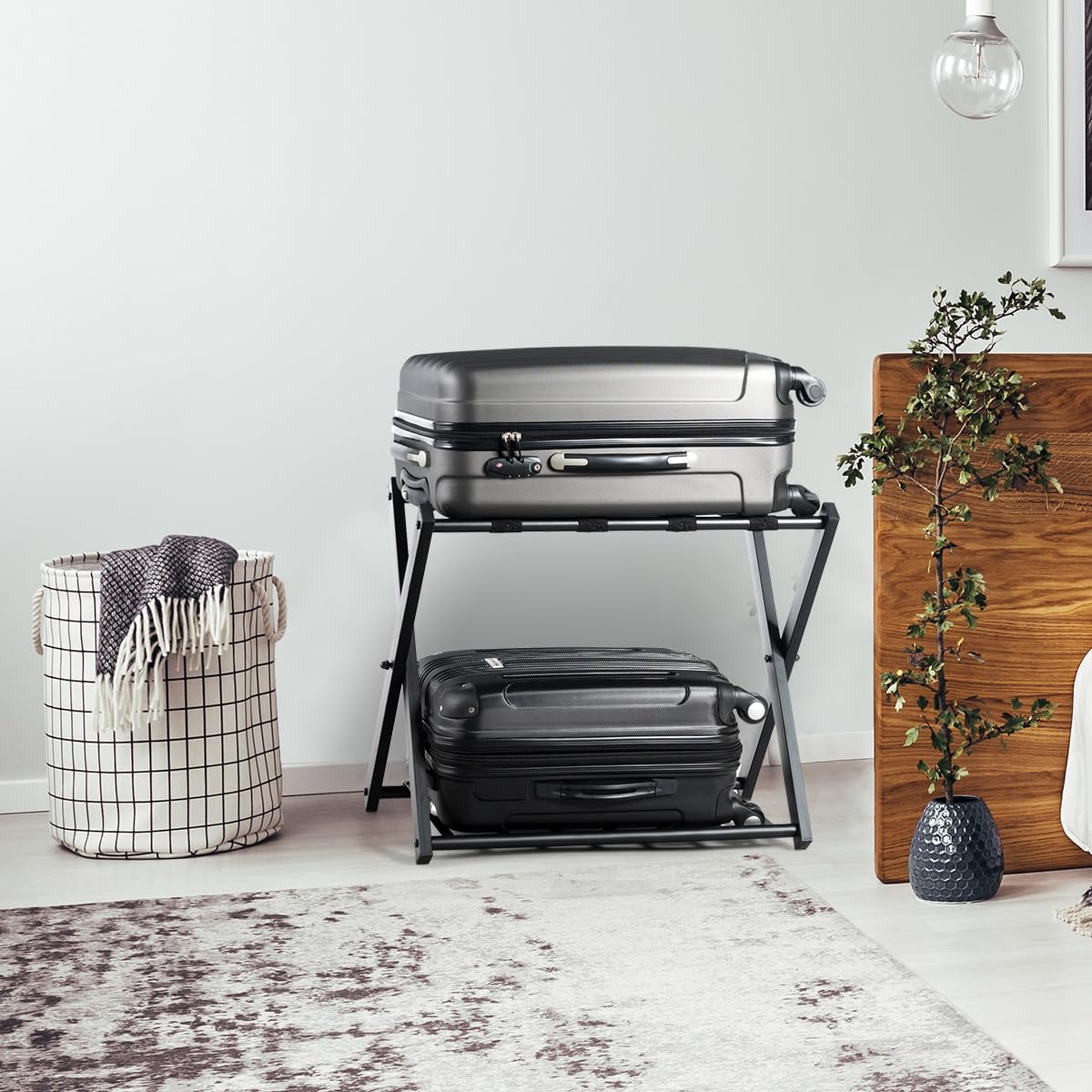 HOMASIS 2 Portavaligie Pieghevole 2 Sgabelli Reggivaligia in Metallo 68 x 43 x 56 Nero
