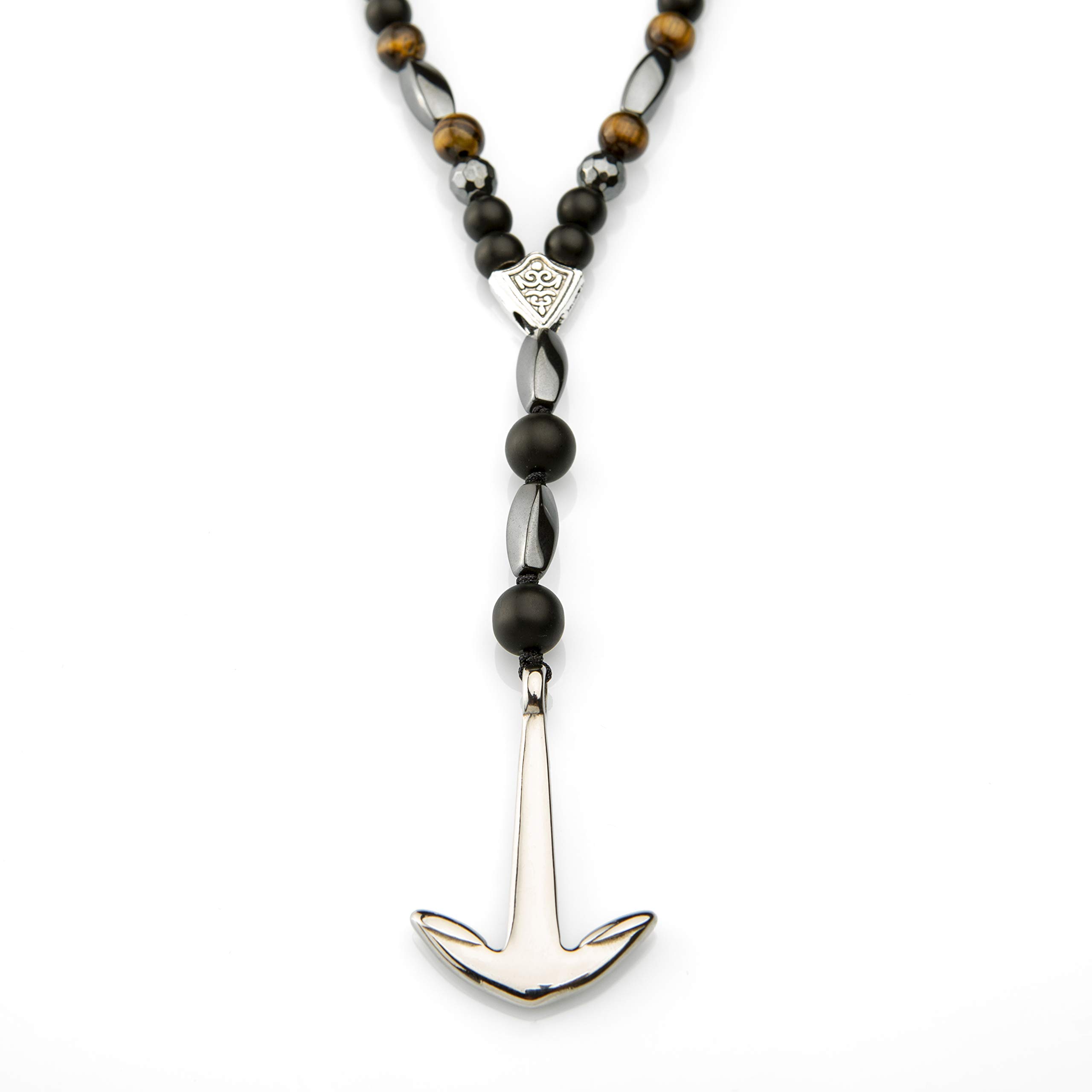 Perla Style Collar para Hombre con Piedra de Hematita|Estilo Vikingo Thor,Collar Largo con Colgante Ancla de Acero Inoxidable Piezas de ónix Mate de 6 mm y hematita energética