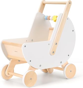 Pillowhale Wooden Baby Walker & Doll Stroller Adjustable Handle Push Cart, AntiTip, Quiet Wheels, Pretend Shopping Cart Montessori Wooden Walker for Babies , Doll Stroller for Toddlers 12m+