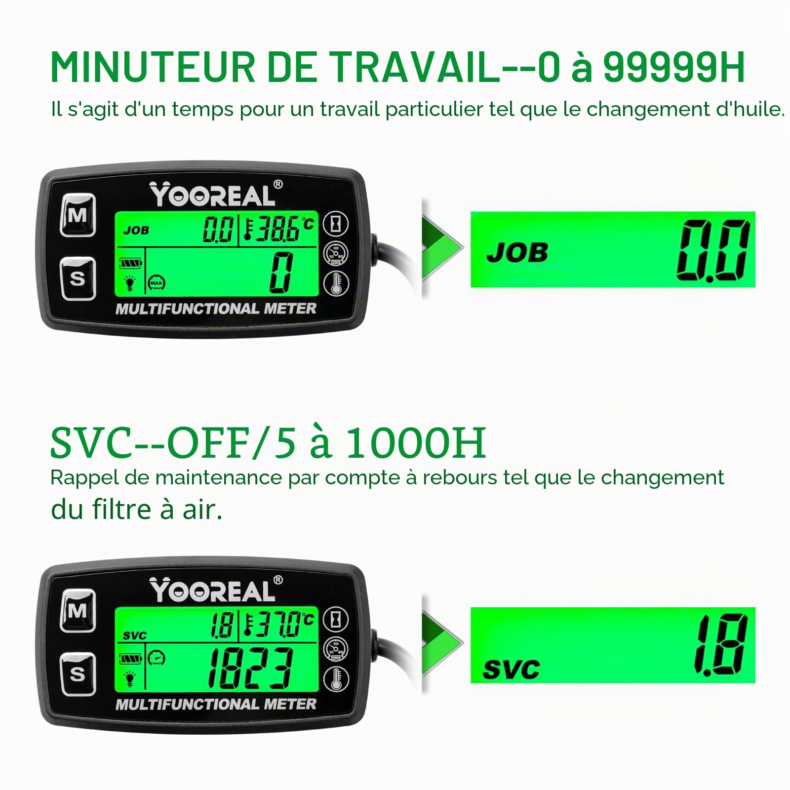 Yooreal Tachymètre numérique,compteur horaire, jauge de température d'eau et d'huile moteur, alerte RPM et température, affichage rétro-éclairé pour tracteur de jardin, motoneige, marine, jet ski.
