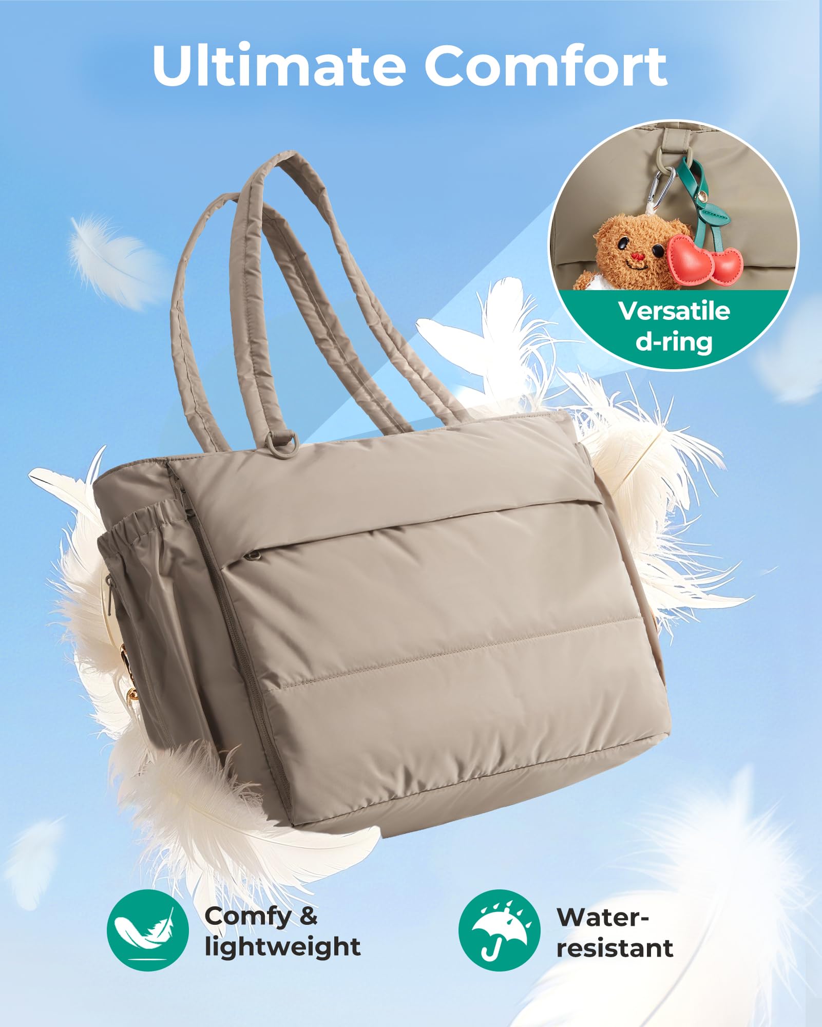 bagsmart Handtasche Damen Sporttasche Yogatasche, 22L Puffer Tote Bag mit Mehreren Taschen, Leichte Tasche für Reisen Fitness Yoga Büro Schule Shopping