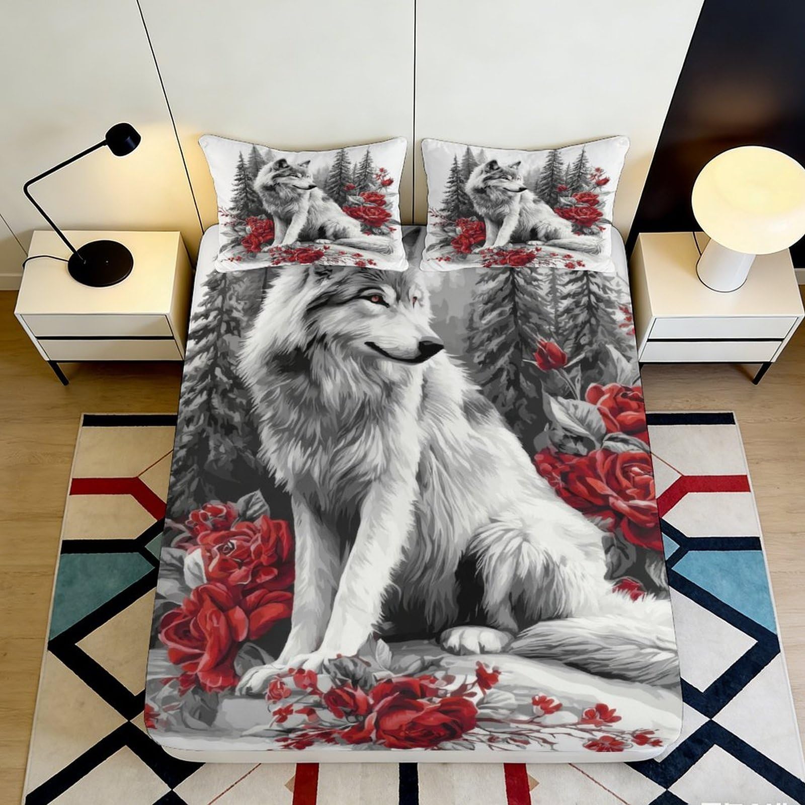 Tjiqhvmrn Style-6 3D Printed Wolf Forest Fitted Sheet Microfiber Deep Pocket Non-Slip Bedroom Bedding Wolf Mattress Fitted Cover Machine Washable Full Wrap 90X200x25cm