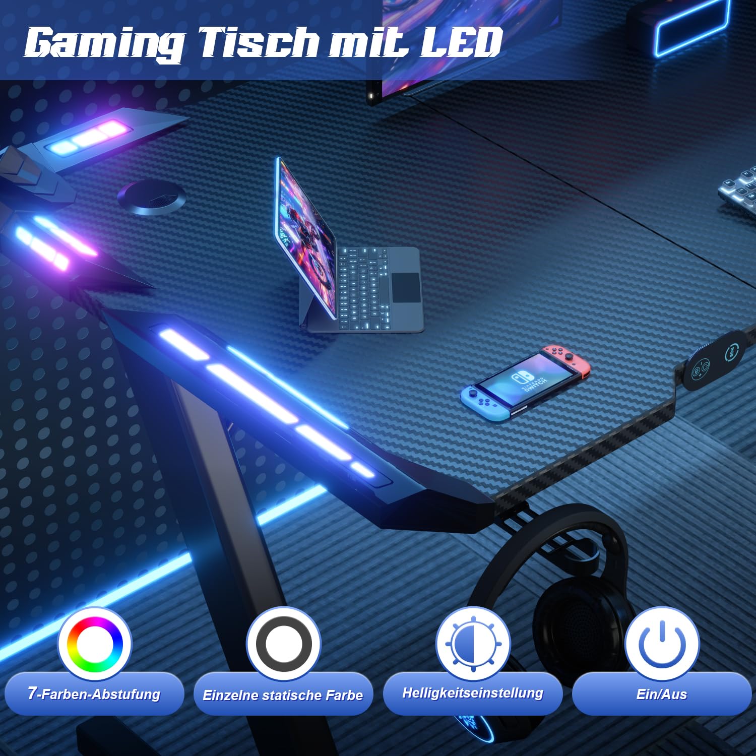 Devoko 120 x 60 cm Gaming Tisch, Gaming Schreibtisch mit LED, Kohlefaser-Oberfläche, Ergonomic Gamer Tisch with Drink Holder, Headphone Hook, Stabiler Computertisch