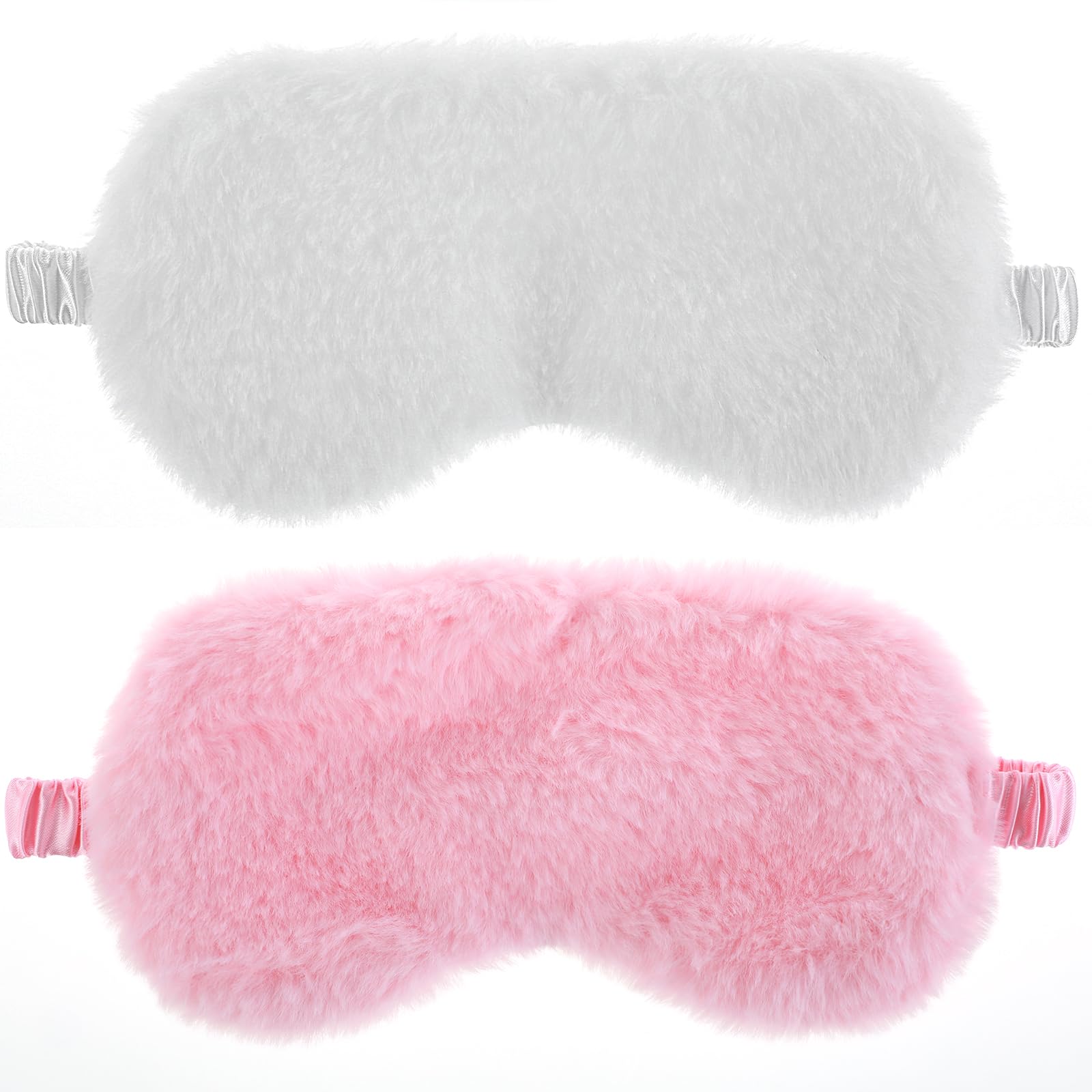 Oruola Lot de 2 masques de sommeil confortables pour enfants, masques de sommeil en peluche avec dos en satin et fausse fourrure pour enfants, femmes, hommes, sieste, rose et blanc