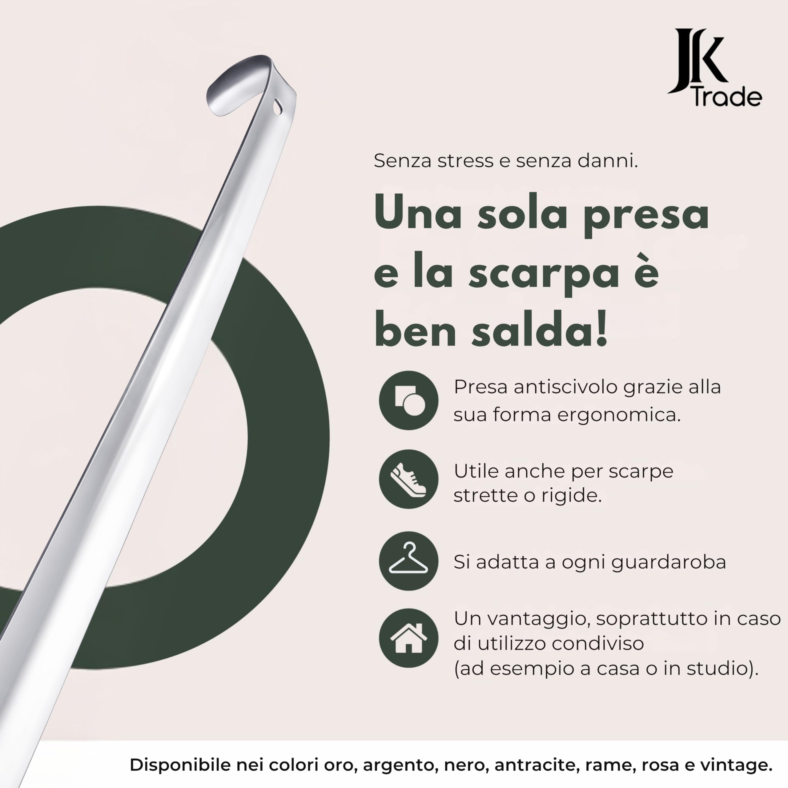 JK Trade® L'originale | 52 cm stabile in acciaio inox | Calzascarpe lungo in acciaio inox | rapido e delicato sulla schiena | lunghezza e larghezza ideali | Shoe Horn | Business Silver