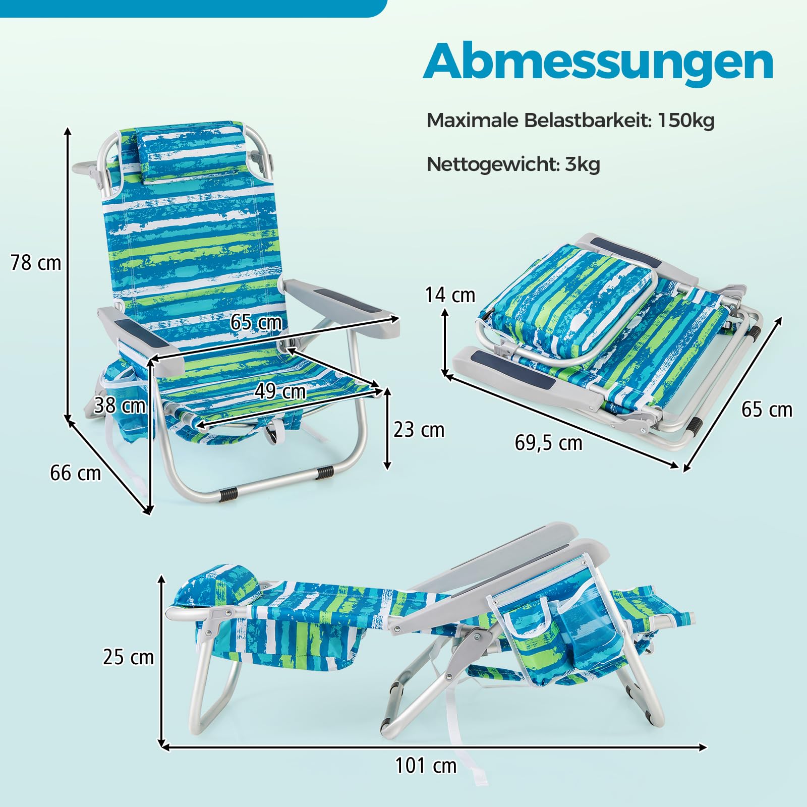 GOPLUS Strandstuhl klappbar leicht, Campingstuhl Outdoor Aluminium mit 5-Fach Verstellbarer Rückenlehne, bis 150kg belastbar, Klappstuhl Faltstuhl rutschfest mit Kissen Schultergurten (Grün,1)