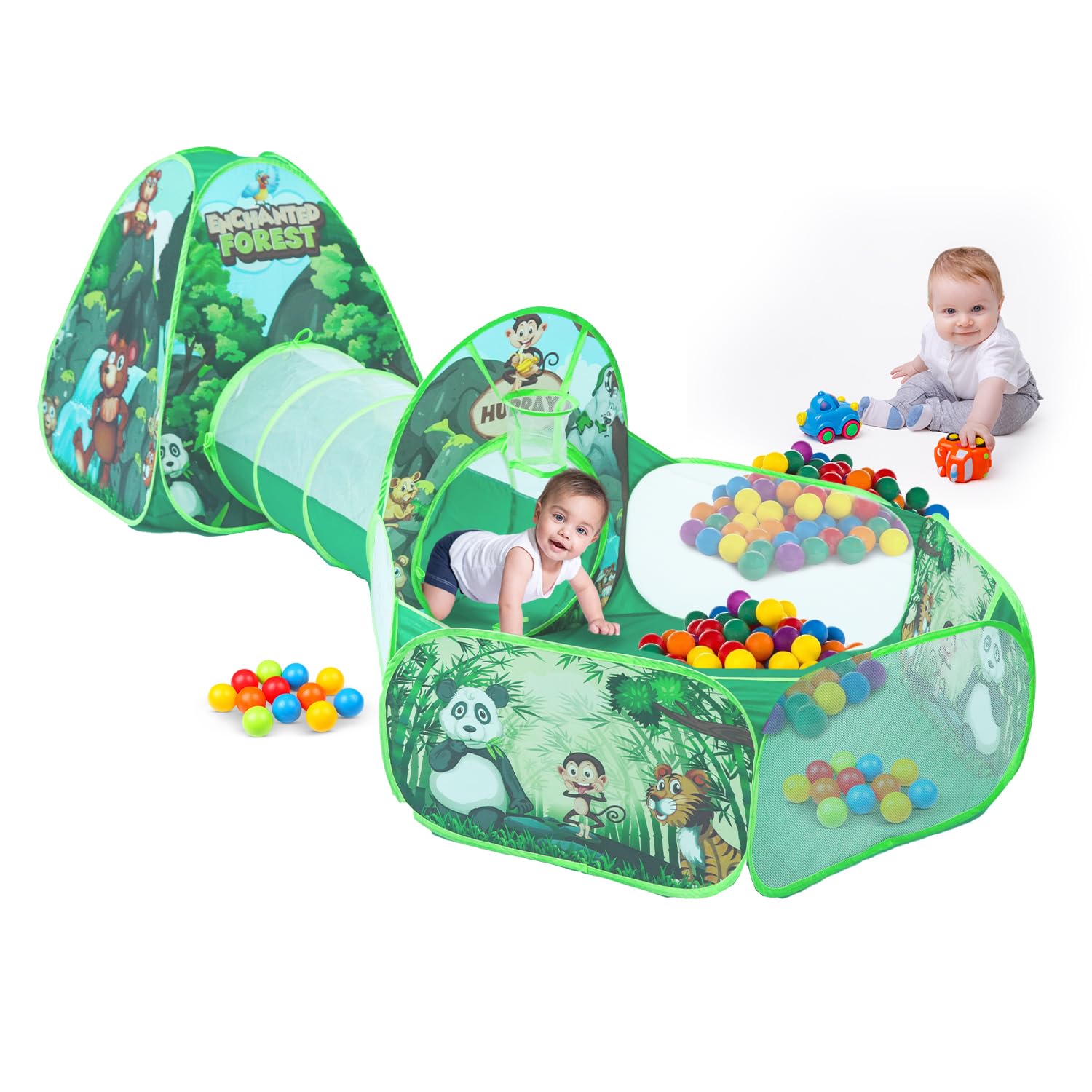 Sponsored Ad - Amazon Brand - Jam & Honey Jungle Animals 3 in 1 Combo Tunnel for Kids | Tunnel, Play Tent House, Ball Pool for Kids 3 to 6 Years | Spacious, Lightweight and Portable | Without Balls | Multi Colour