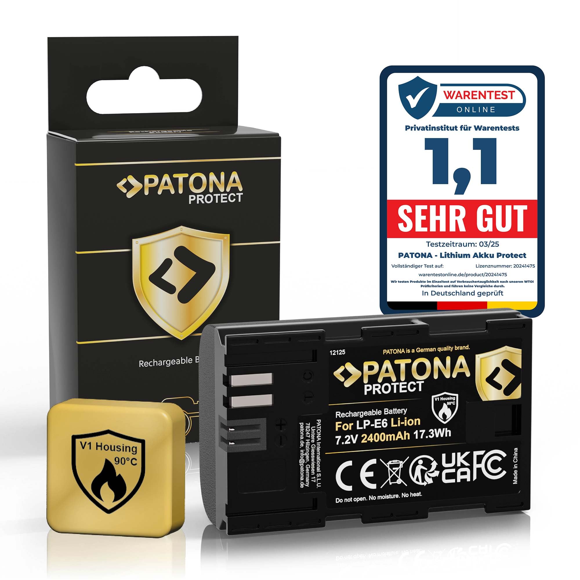 PATONA Protect LP-E6 Batteria 2400mAh – Ricambio per Canon LP-E6 – per EOS 5D Mark II III, 5DS, 6D 7D, 60D 60Da 70D 80D 90D, R R5, XC10 XC15 – con protezione NTC e involucro V1 per uso intensivo