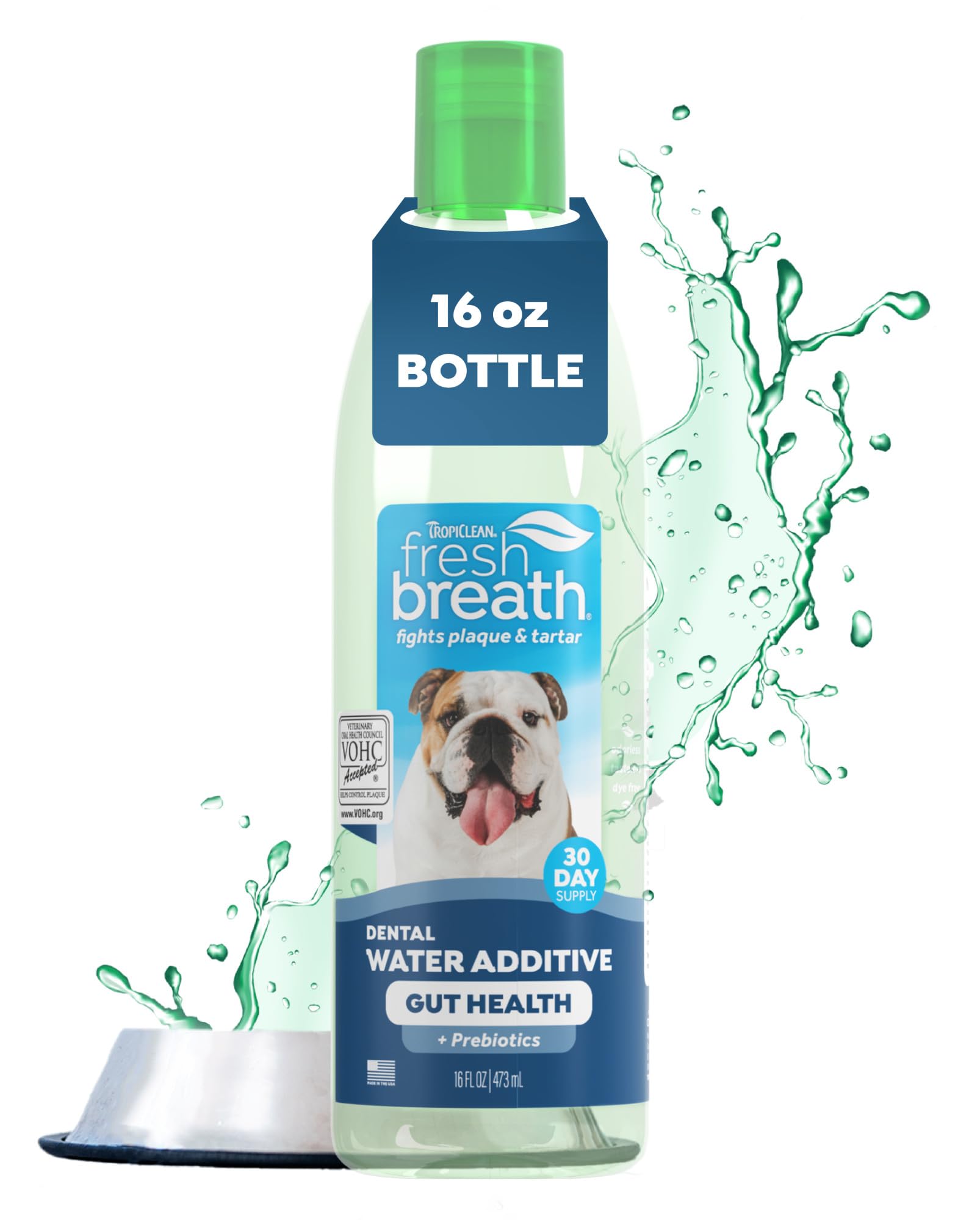 TropiClean Fresh Breath Water Additive for Dogs with Prebiotics, Gut Health for Dogs, Breath Freshener and Teeth Cleaning Solution, 16oz.
