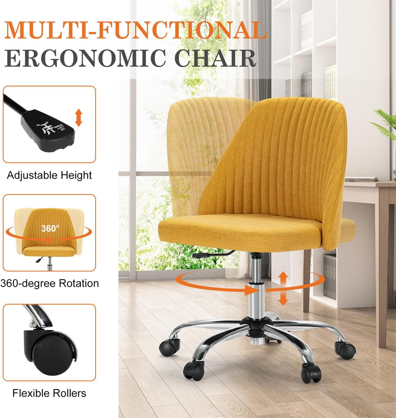 Armless Home Office Chair with Wheels, Adjustable Height 360 Swivel Desk Chair with Comfy Lumbar Support, Modern Fabric Task Chair for Office, Study, Work, Makeup(Yellow)