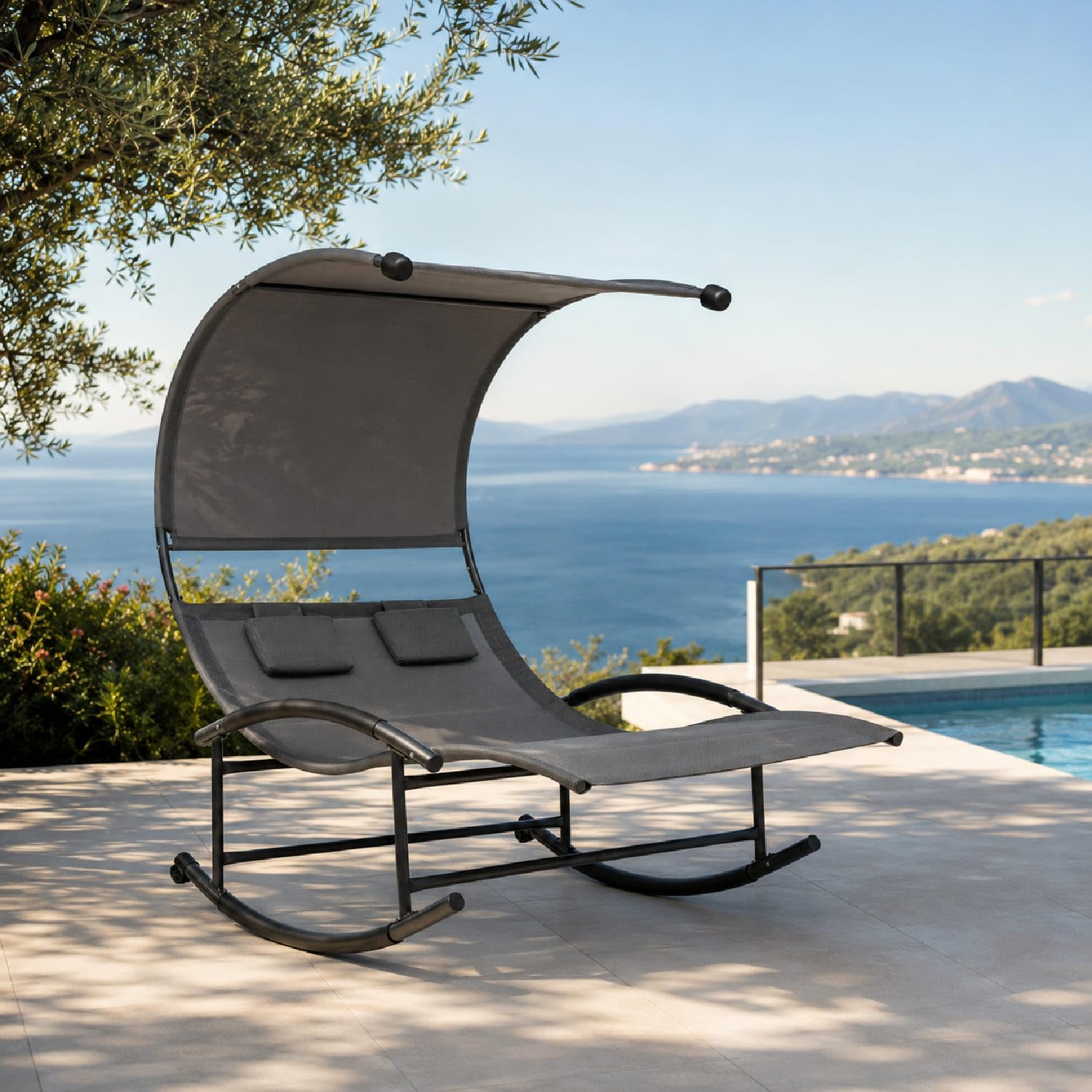 Lettino 2 Posti Dondolo Prendisole Con Parasole Integrato Design Ergonomico In Textilene Traspirante Struttura In Acciaio E Cuscini Ideale Per Giardino Piscina Outdoor 140x200x185 Cm Grigio