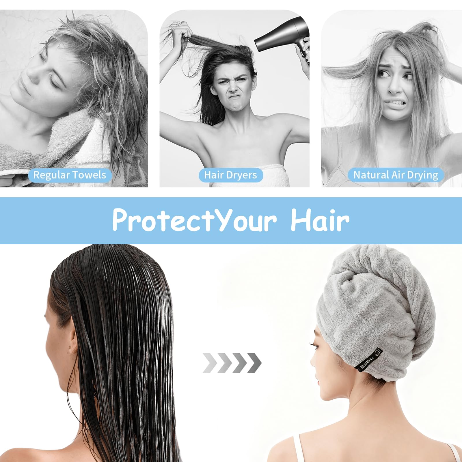 3 Stück Handtuch Haarturban, Superweiches und Saugfähiges Haarturban mit Elastischem Band für Frauen, Kinder, Langes Lockiges Haar