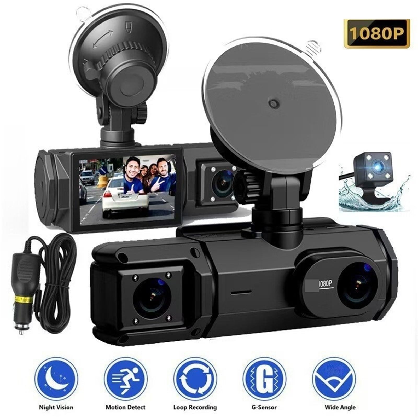 Kamera samochodowa, Kamera WIFI Do Samochodu 3-kanałowa Przednia/Wewnętrzna Tylna Rejestrator Wideo 1080P Dashcam Black Box DVR, dla samochodów
