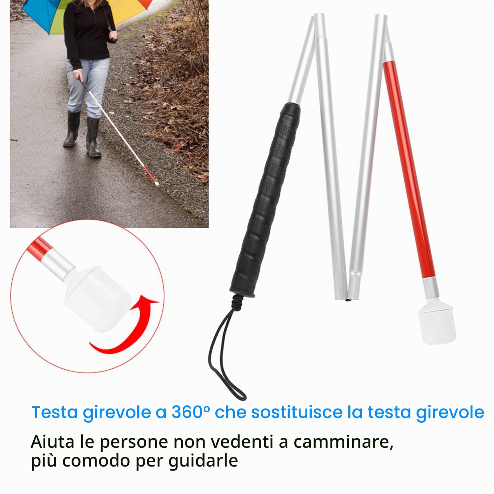 Stampella pieghevole da 110 cm, stampella pieghevole pieghevole riflettente per bastone da passeggio con guida antiurto portatile, bastone da passeggio per non vedenti
