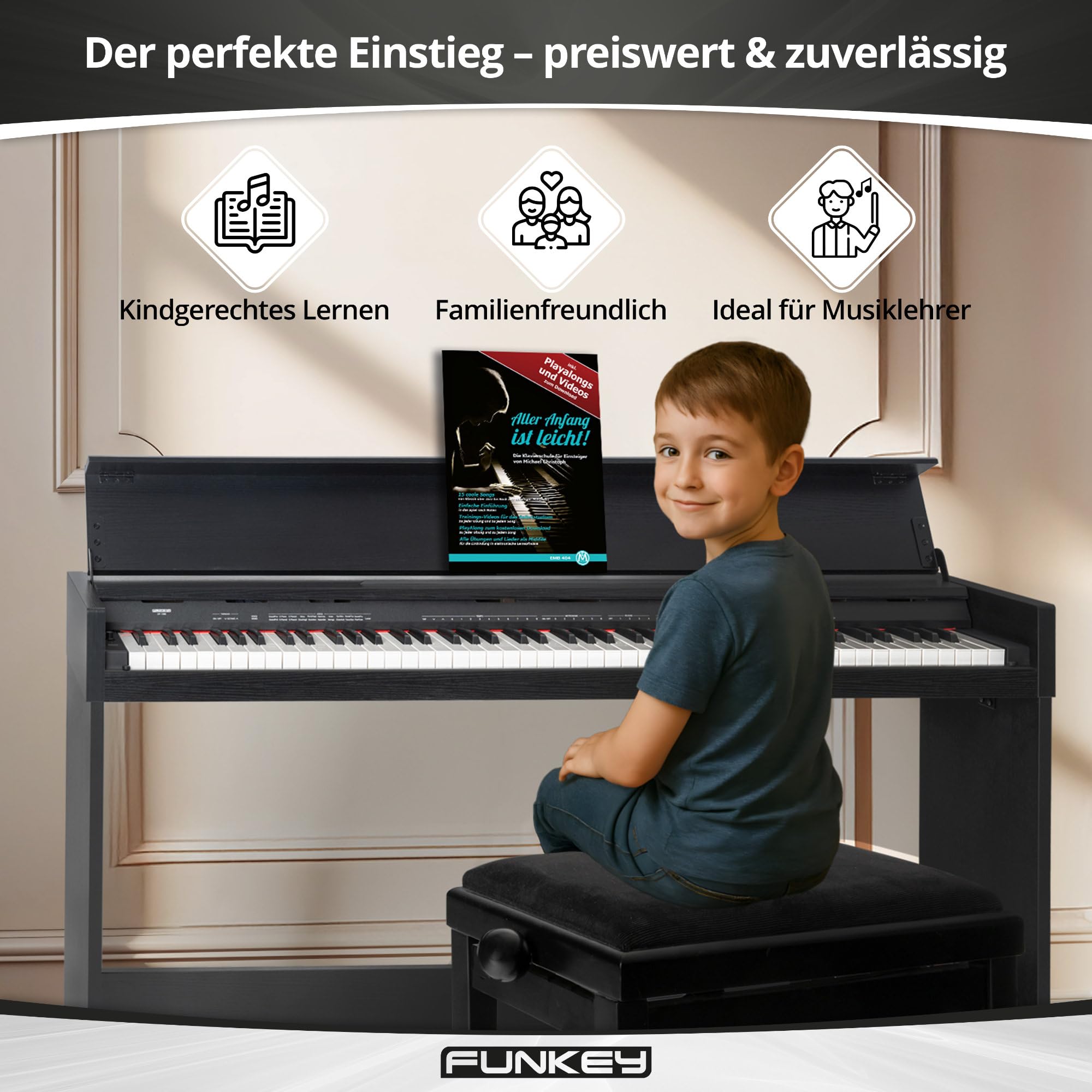 FunKey DP-1088 SM Pianoforte digitale sottile Set - 88 tasti sensibili alla velocità e 3 pedali - 20 suoni - Altoparlanti stereo integrati e comprensivo di banco e cuffie - Finitura nera opaca