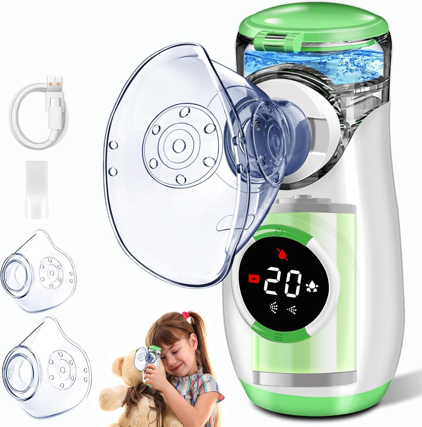 Aerosol Portatile Silenzioso con Digitaler Anzeige, Macchina Aerosol per Adulti Bambini con Boccaglio e Maschera, per Malattie delle Vie Respiratorie Superiori e Inferiori