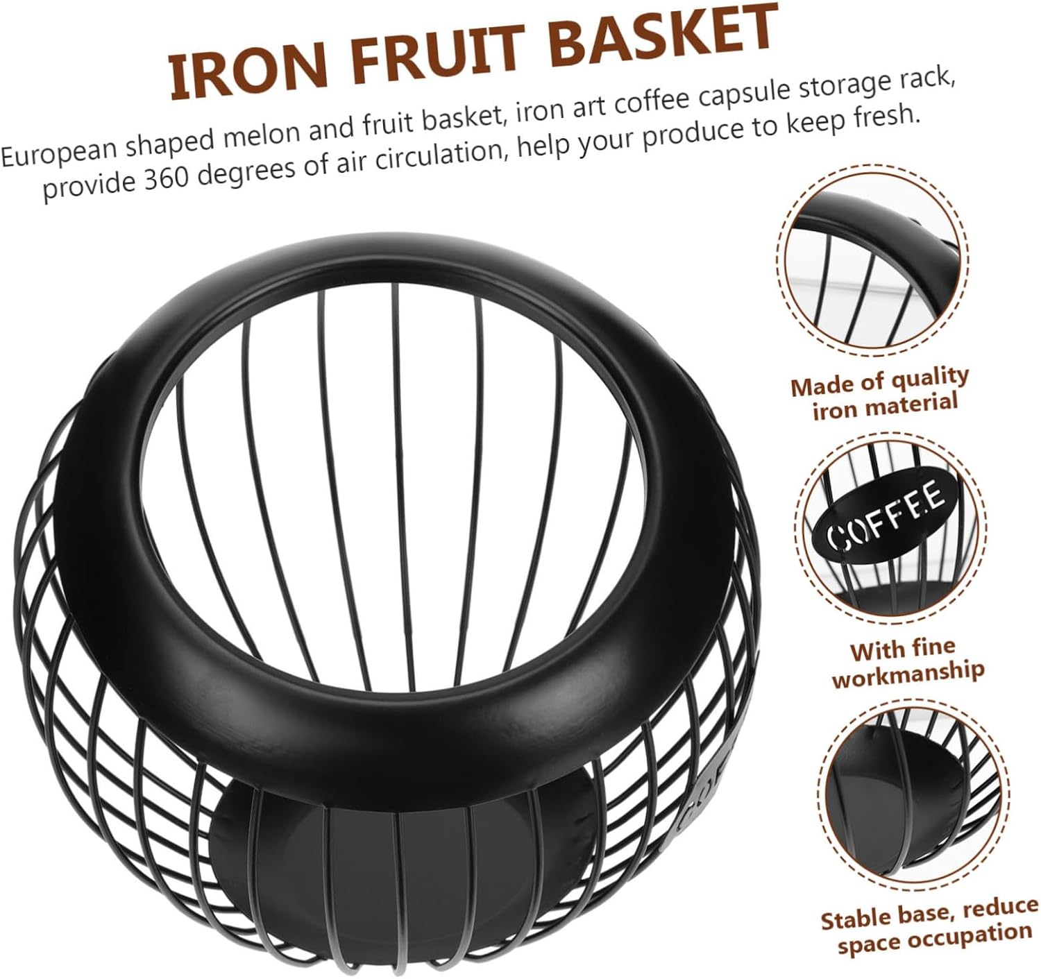 European Style Iron Fruit Basket Storage Stand for Dry Fruit and Snacks, Black Metal Container for Kitchen Organization and Food Storage