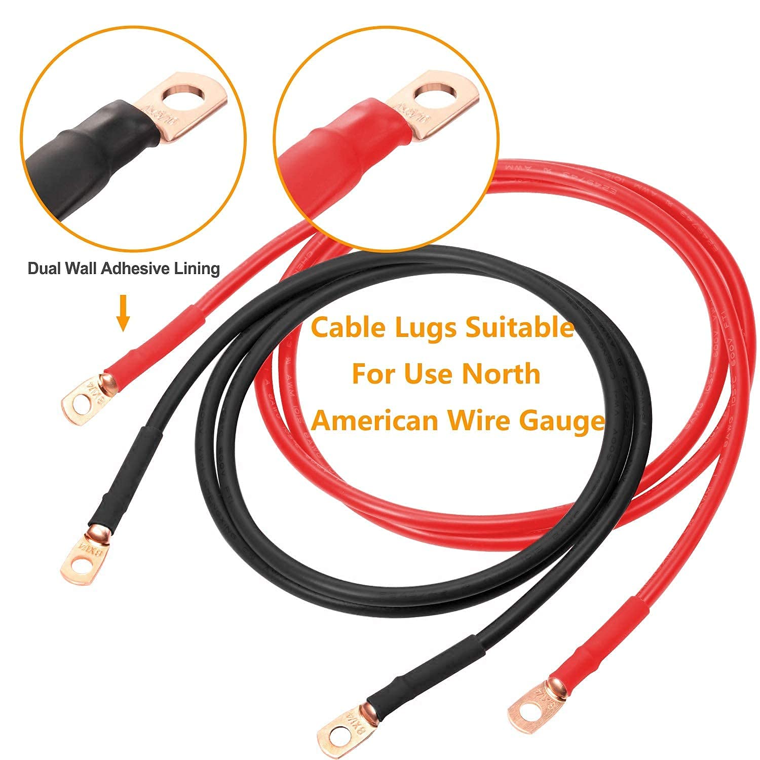 SVAAR 4 6 8 AWG Battery Lug Heavy Duty Battery Cable Ends, 4 6 8 Gauge UL Listed Cable Lug with 5/16" and 3/8" Ring Terminal,Bare Copper Crimp Connectors Wire Lug + Heat Shrink Tube