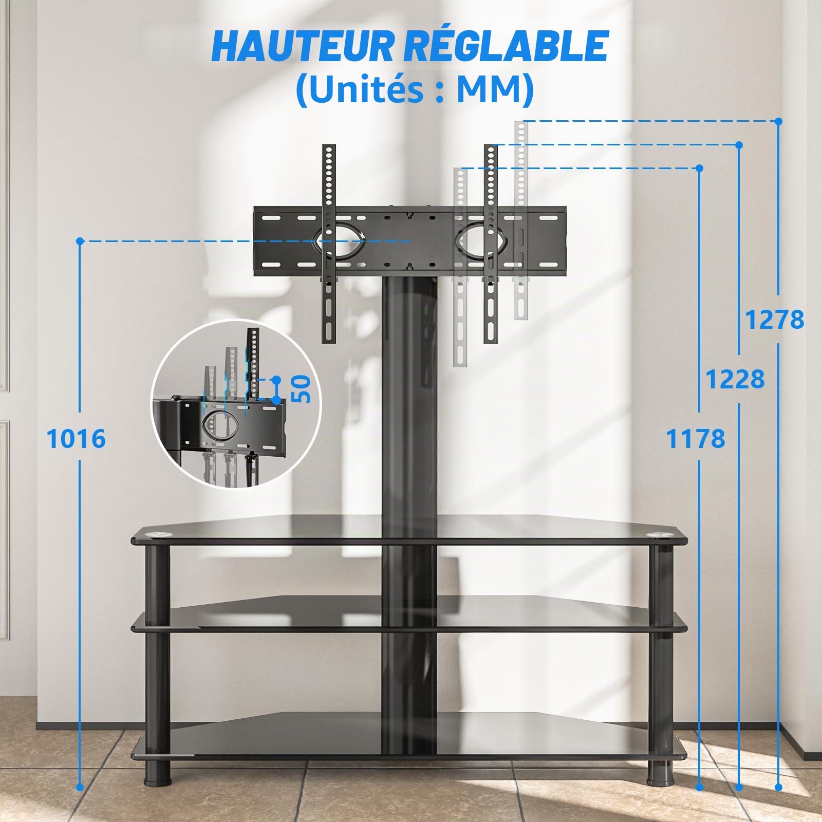 RFIVER Meuble TV avec Support Pivotant Hauteur Réglable pour TVs et Ecrans LCD LED de 32 à 70 Pouces 3 Étagères TW1002