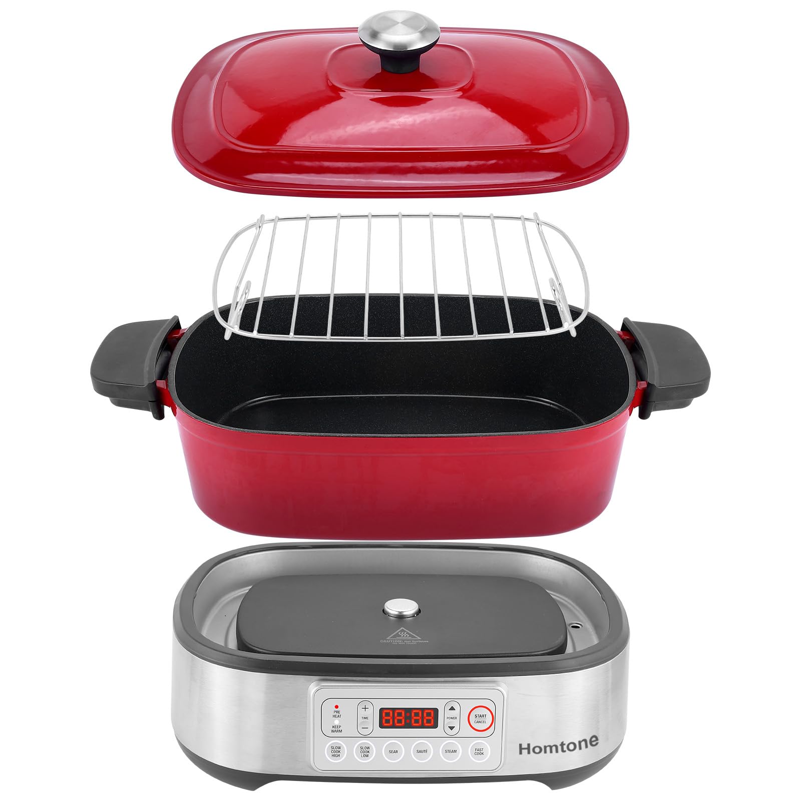 Homtone Casseruola 6 in 1 Slow Cooker, 5,5 l, programmabile, smaltata rimovibile, rivestimento in ceramica, cottura lenta, rosola, cottura a vapore con griglia a vapore, rosso