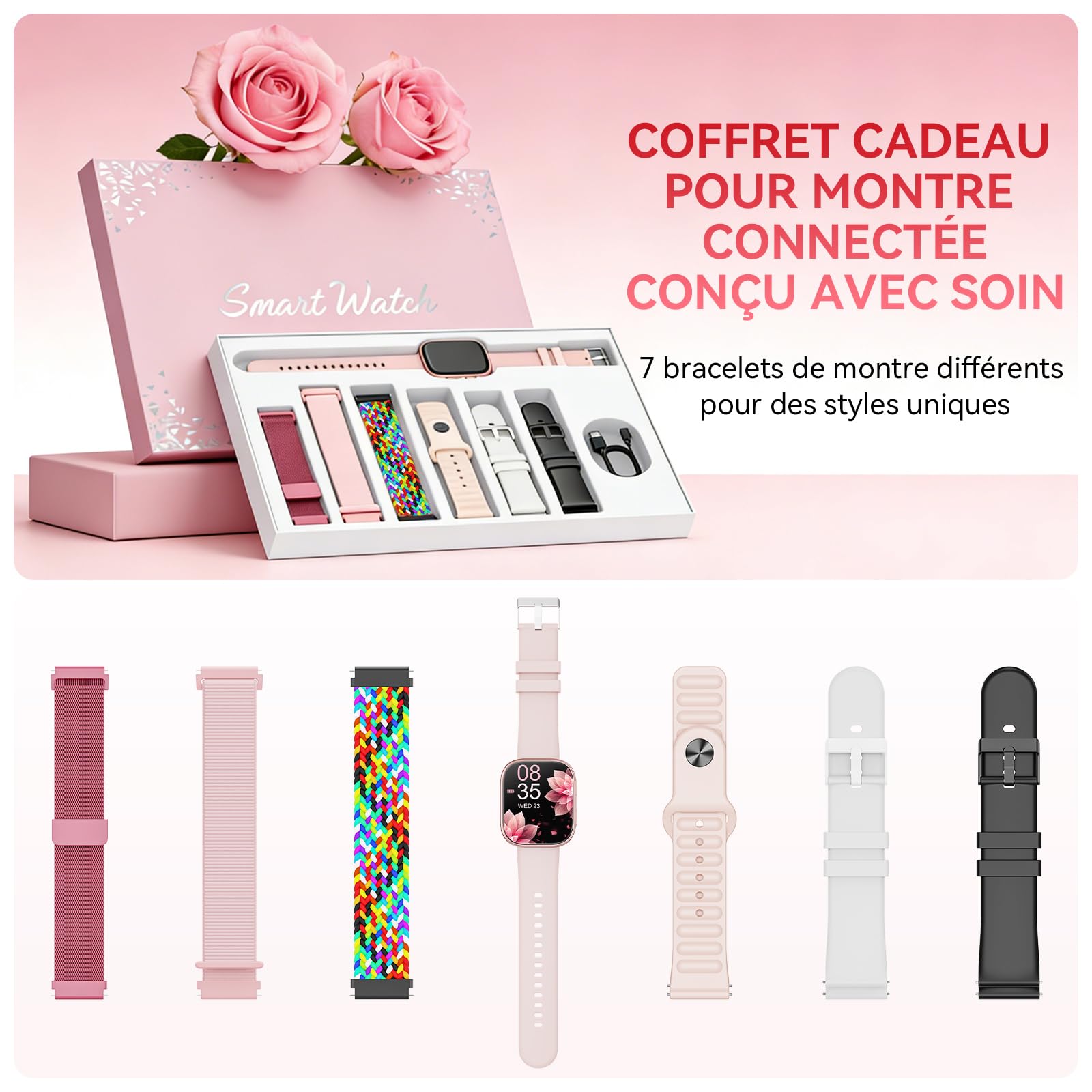 Smartwatch pour femme avec 7 bracelets et boîte cadeau, montre connectée HD de 1,83" avec appel Bluetooth, tracker d'activité avec SpO2, moniteur de fréquence cardiaque, moniteur de sommeil, podomètre