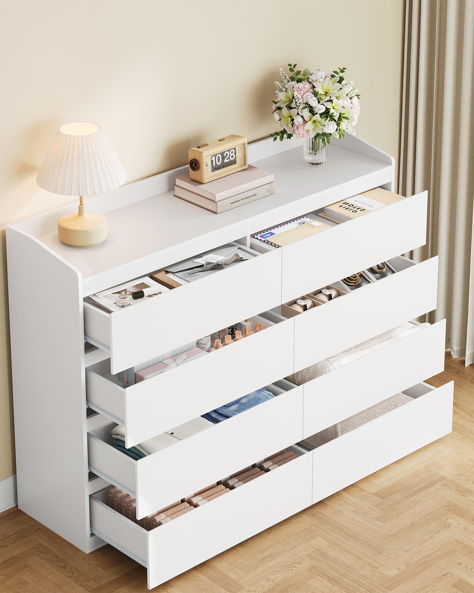 Hzuaneri Cassettiera, 8 cassetti, Mobile Laterale con Piano di Lavoro, Armadietto con Corrimano Superiore, Mobile Ingresso, Stile Moderno, Adatto per Soggiorno, Camera da Letto, Bianco DC32903X