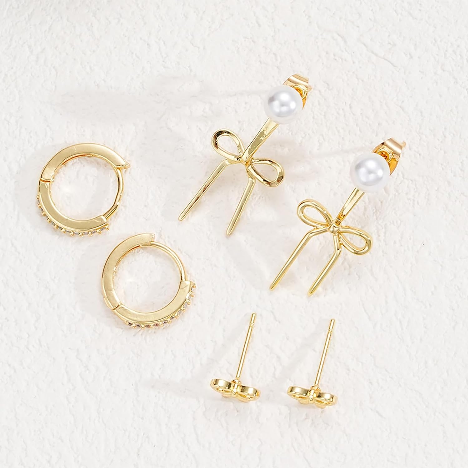 Gold Bow Earrings Set for Women Dainty Pearl Bow Huggie Earrings Ribbon Bowknot Hoop Earrings Christmas Prom Jewelry Gifts - Image 5