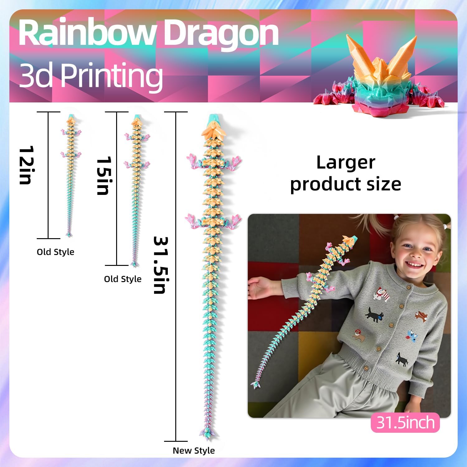 31.5" Giant 3D Printed Dragon Large 3D Dragon Model, Big 3D Printed Figure, Oversized Poseable Articulated Toy, Fantasy Collectible Gift for Desk and Home Décor (Rainbow, 31.5 inch)